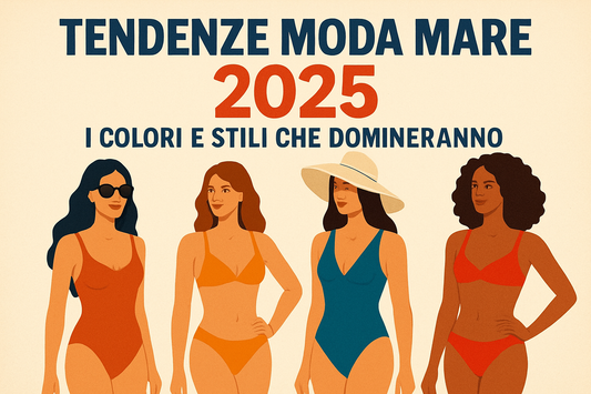 Illustration of four diverse women in colorful 2025 beachwear fashion trends with text "Tendenze Moda Mare 2025 I Colori e Stili che Domineranno"