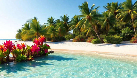 spiaggia tropicale con palme e acqua cristallina per collezione estiva 2025 Soho Moda Mare