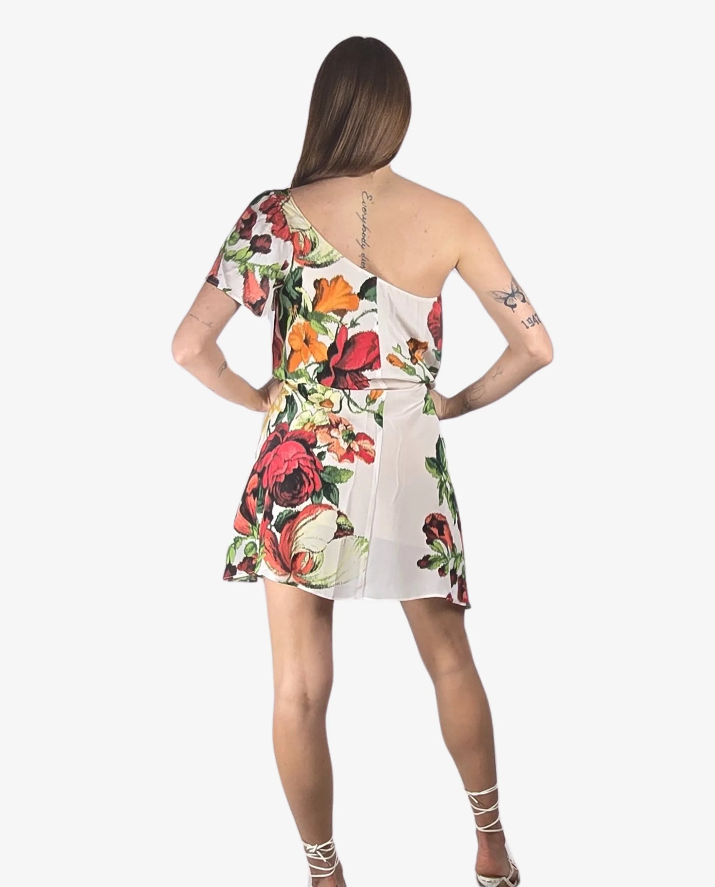 Abito Monospalla Fantasia Floreale Bianco Rosso Cruise Collection