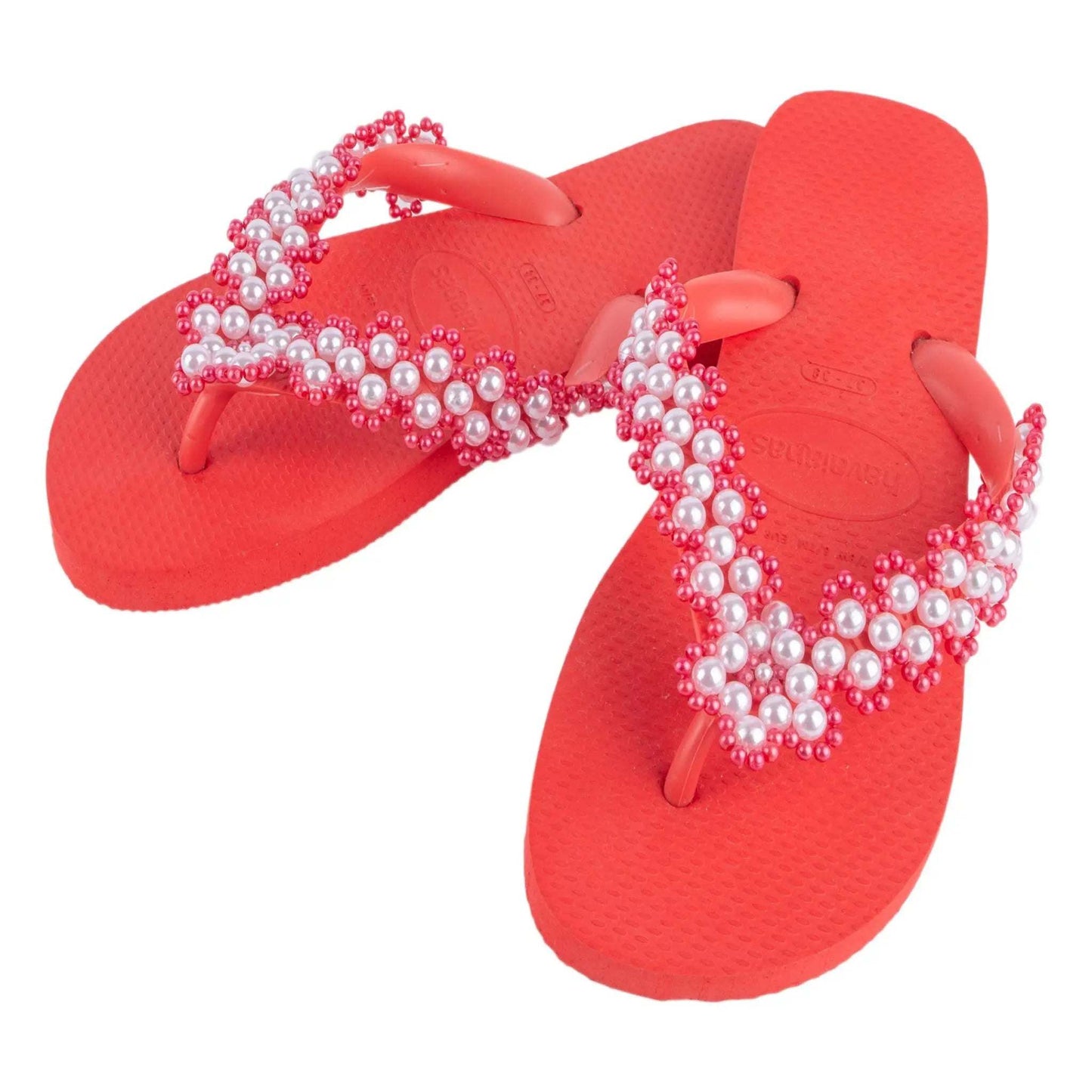 Red Infradito Havaianas sandals embellished with white hand-stitched pearls
