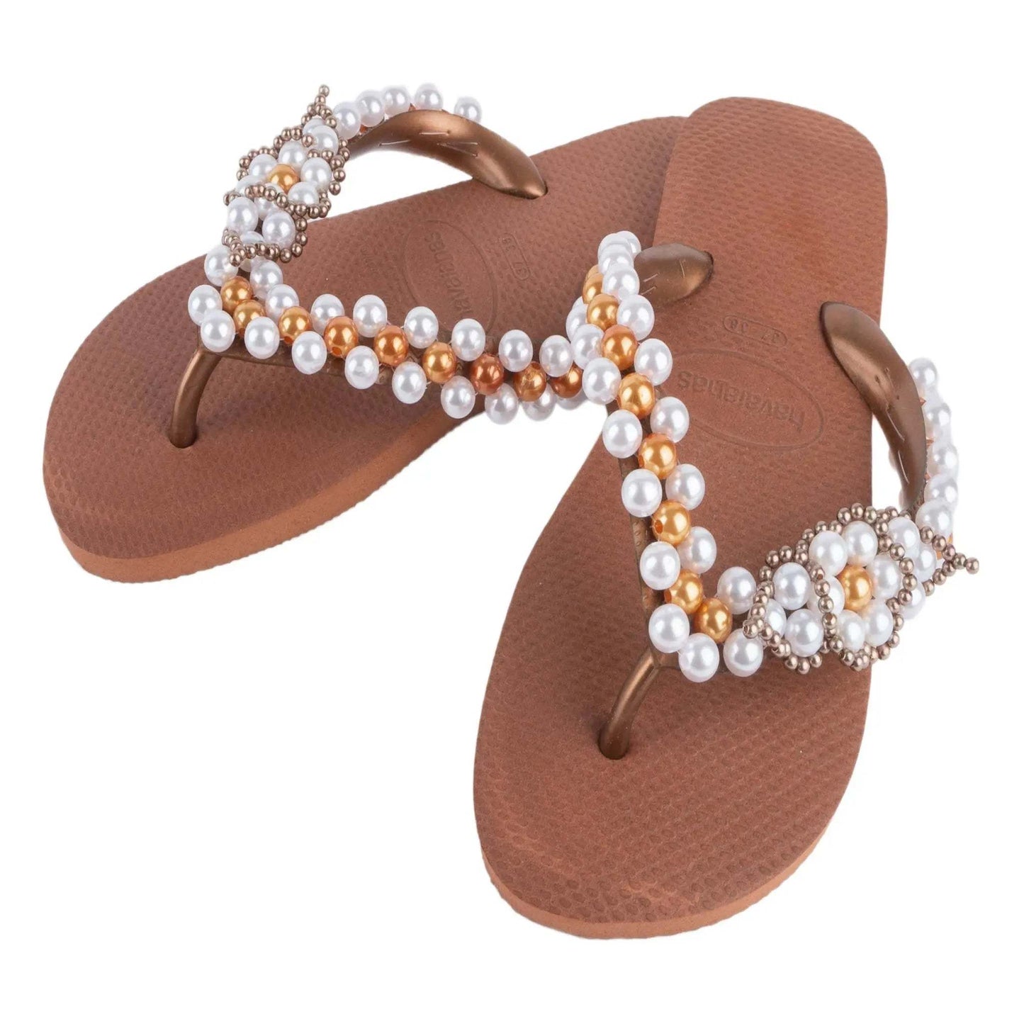 Infradito Havaianas Ferrugine brown sandals with white and gold pearl hand embroidery size 37/38