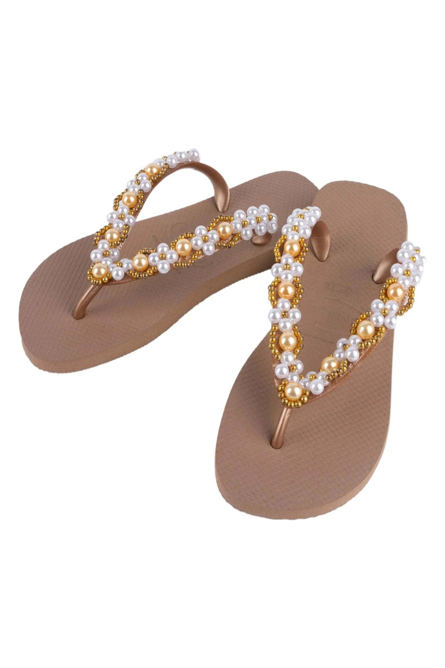 Infradito Havaianas nocciola with hand-embroidered white and gold pearls size 37/38