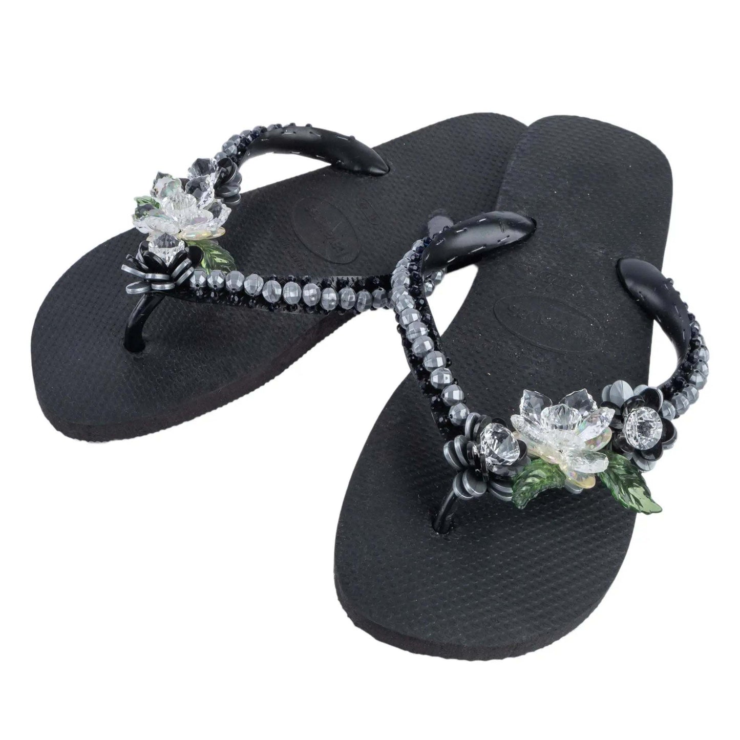 Infradito Havaianas nero con perle antracite e pietre preziose ricamate a mano taglia 41/42