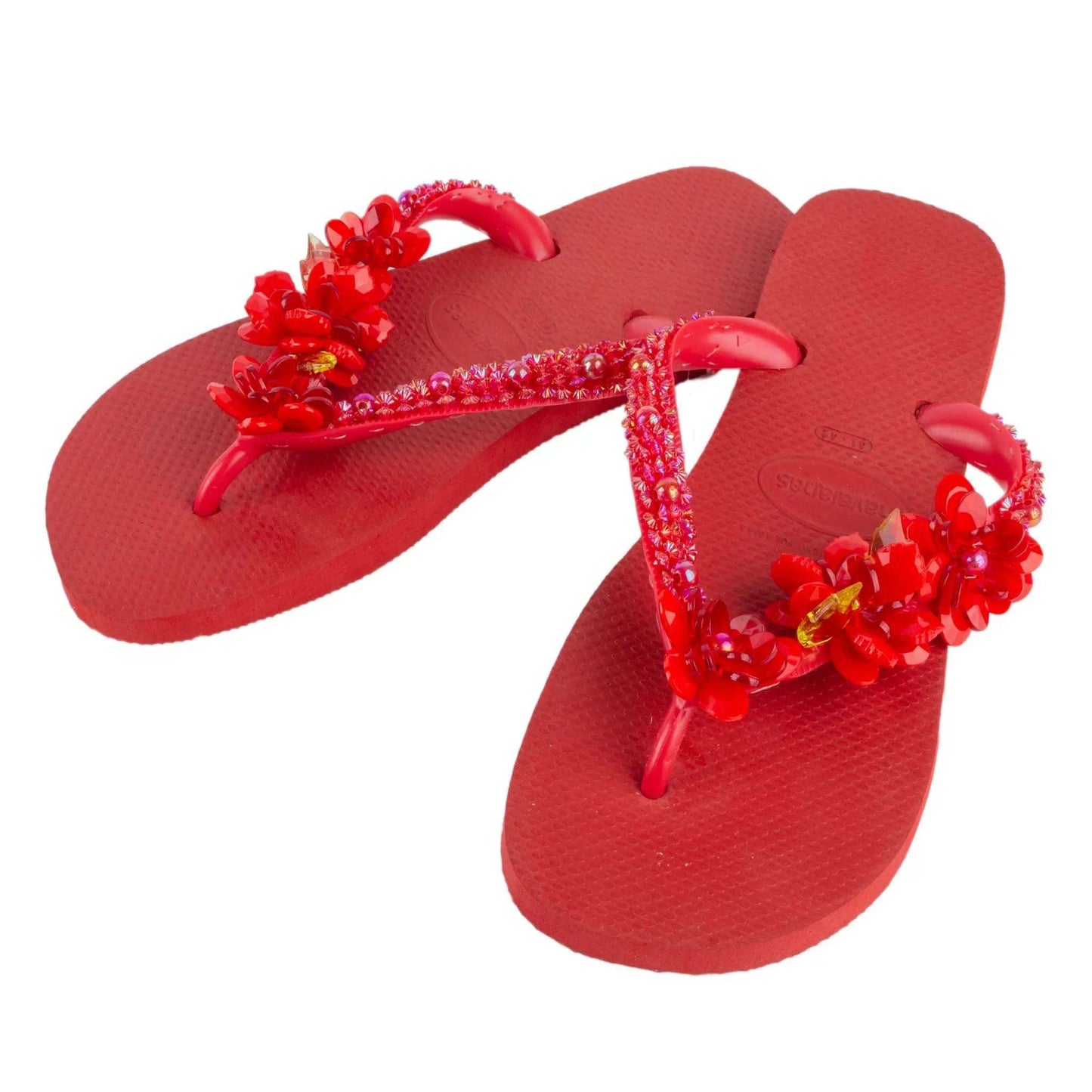 Red Infradito Havaianas flip flops with handmade gemstone embroidery size 41/42