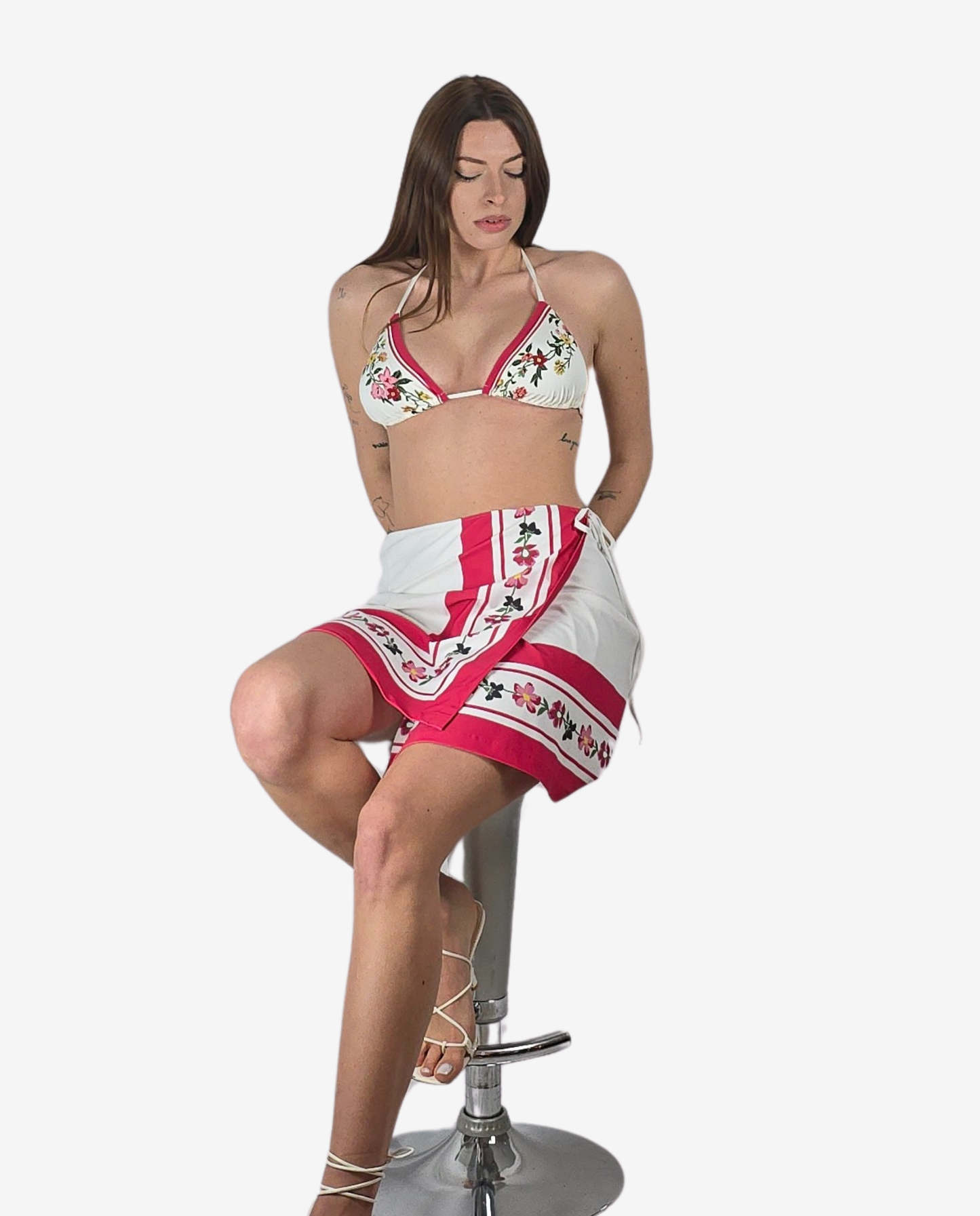 Pareo Corto Lycra Fantasia Rossa Bianca Fiorellini Gonna Portafoglio Cruise Collection