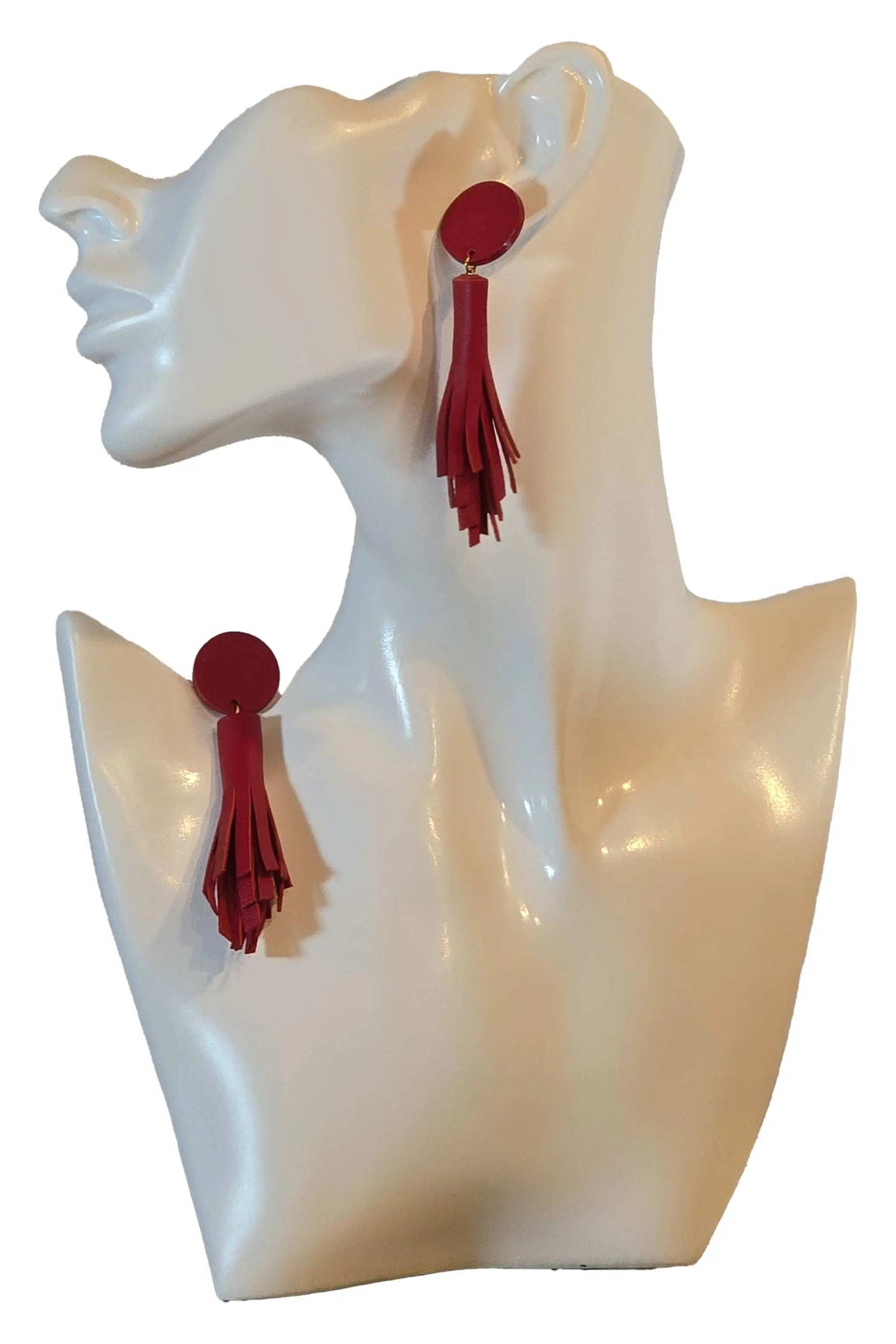 Orecchini Nappa Red in vera pelle, fatti a mano, leggeri e anallergici, 5cm di lunghezza