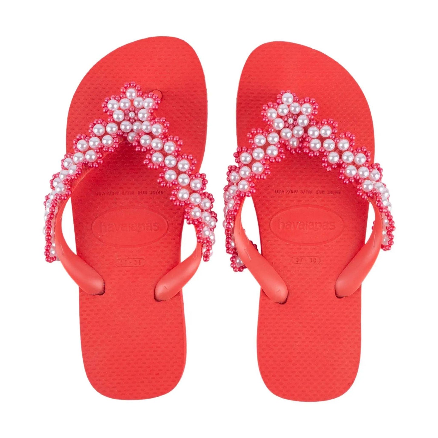 Red Infradito Havaianas flip flops hand-embroidered with white pearls, available in sizes 37/38 and 39/40