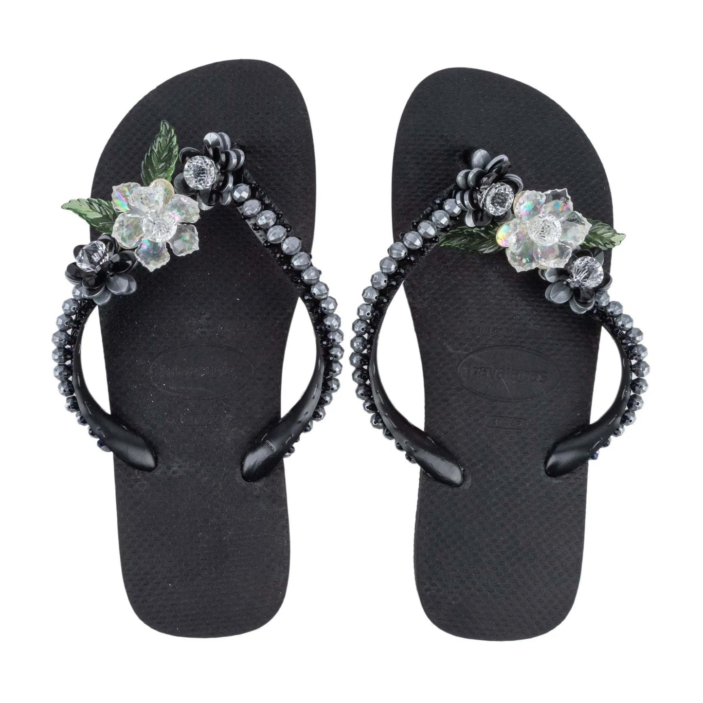 Black Infradito Havaianas with hand-embroidered anthracite pearls and gemstones, size 41/42