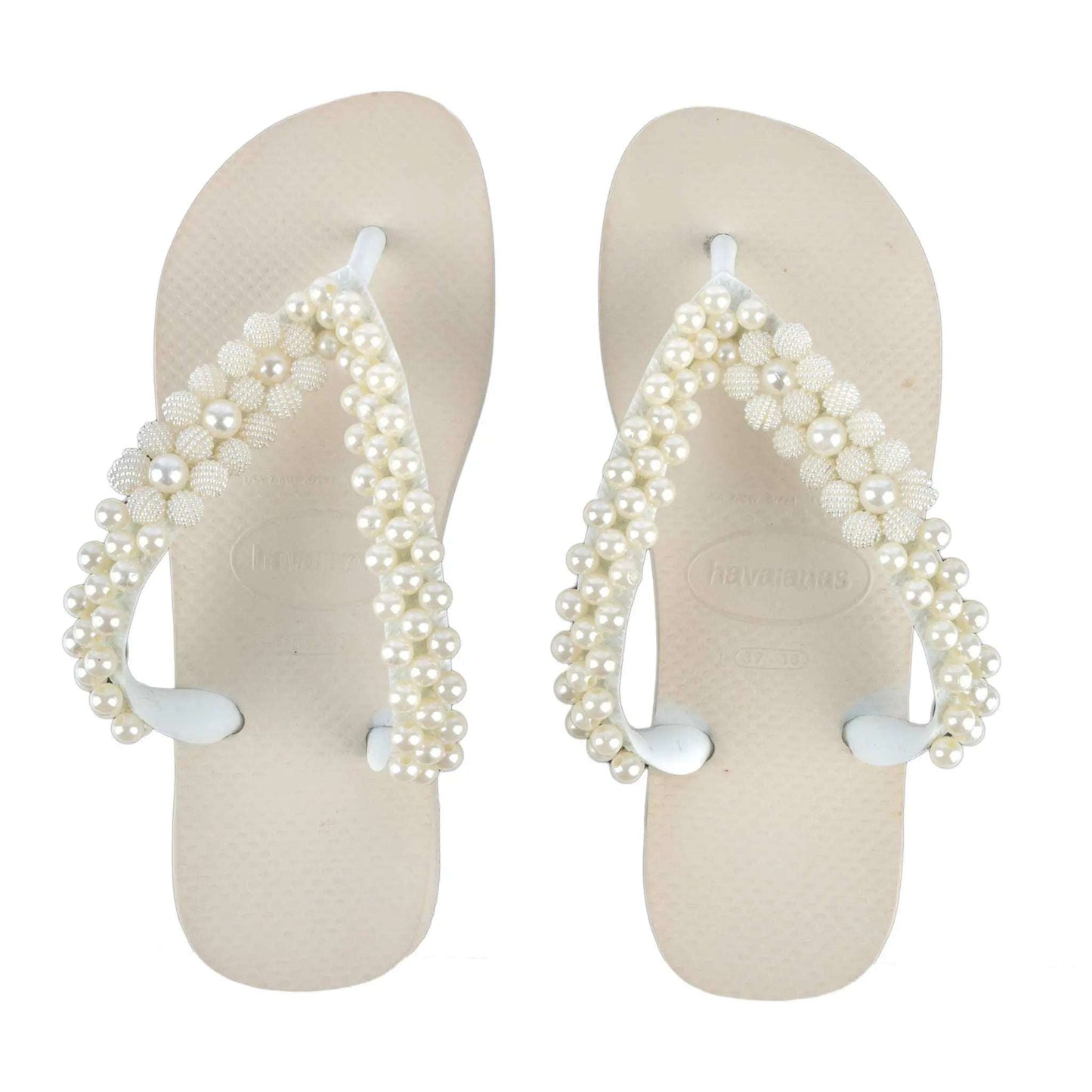 White Infradito Havaianas flip flops with hand-embroidered white pearls size 37/38