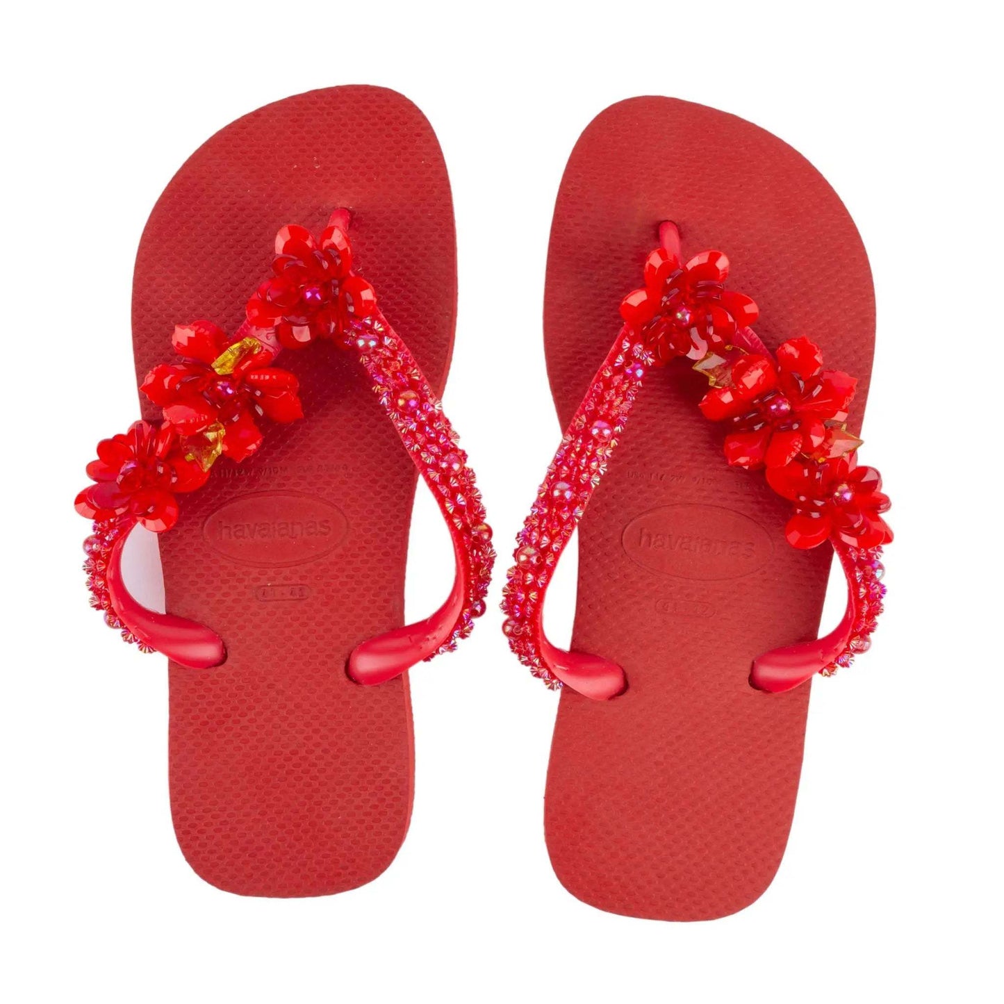 Red Infradito Havaianas flip-flops with handmade jeweled embroidery, size 41/42