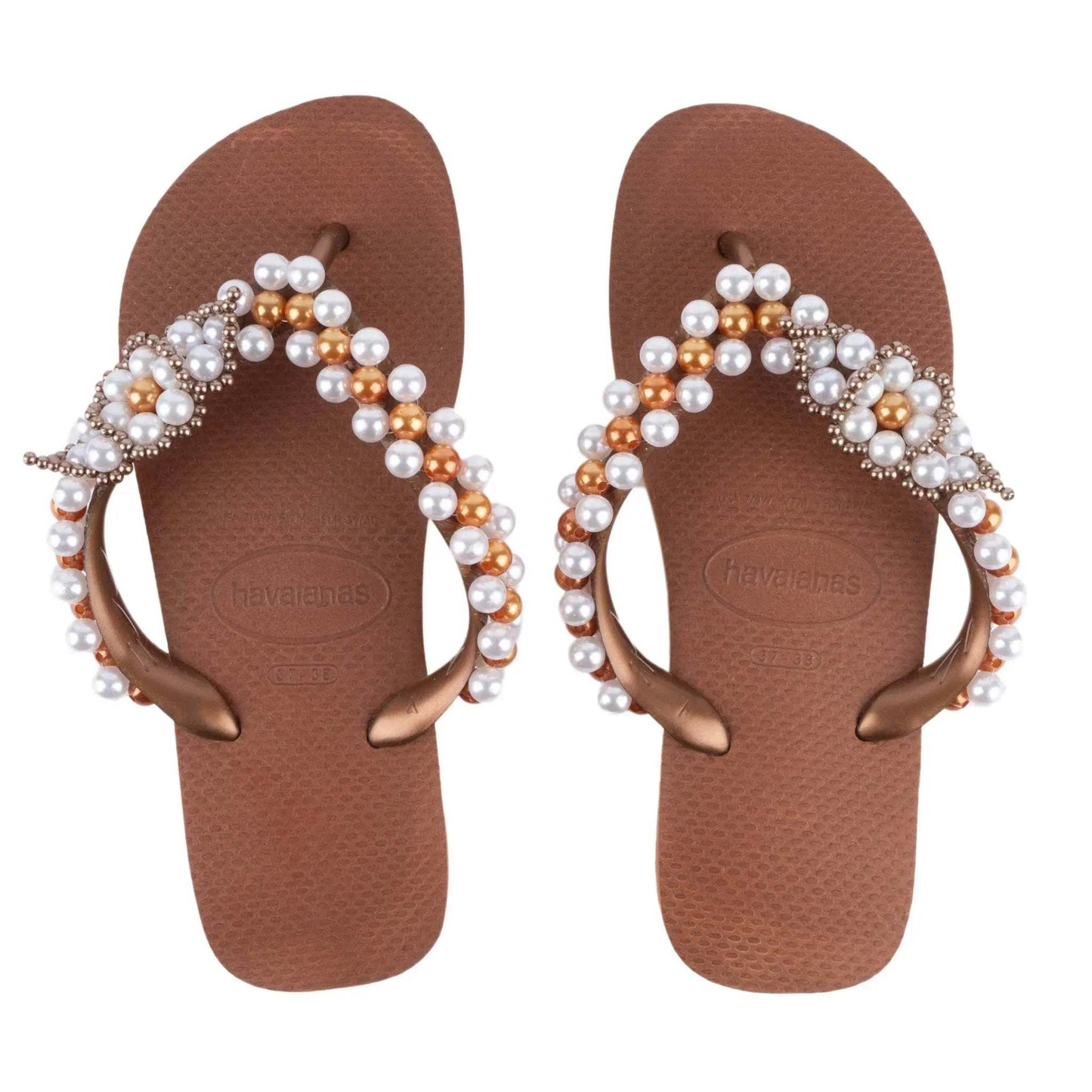 Infradito Havaianas Ferrugine brown sandals with white and gold pearl embroidery size 37/38
