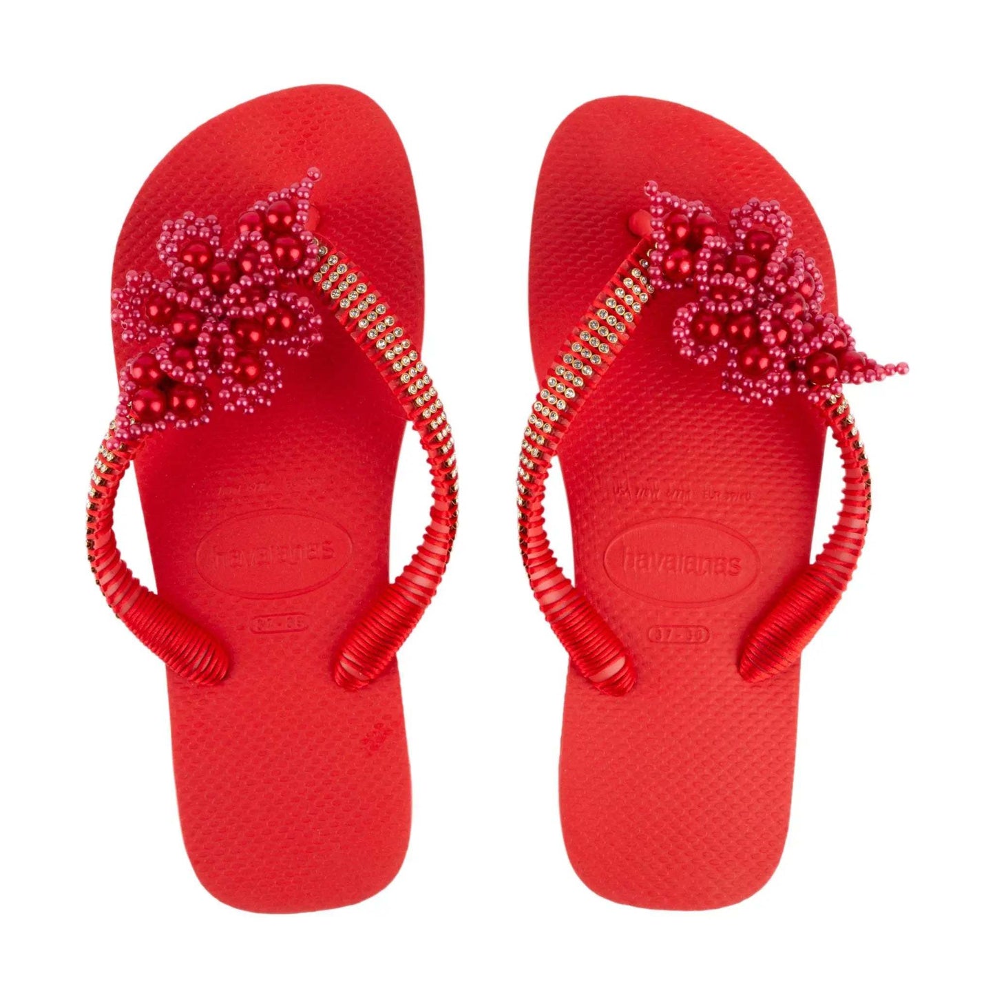 Red Infradito Havaianas sandals with hand-embroidered jewels and rhinestones, size 37/38 and 39/40