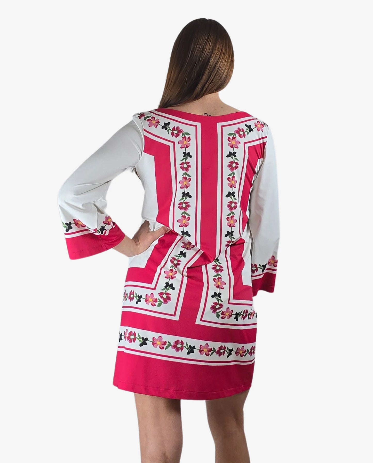 Abito Lycra Manica 3/4 Pannelli Rosso Bianco Floreali Cruise Collection