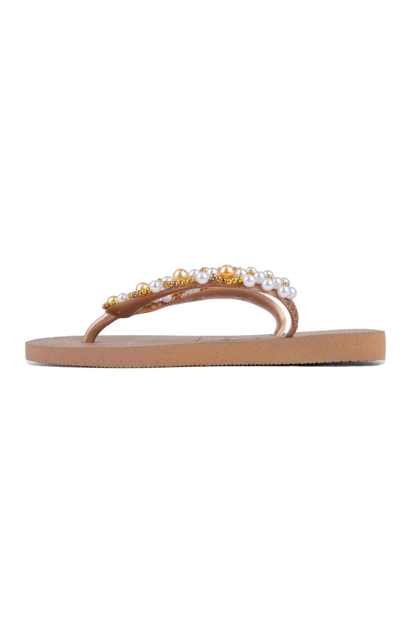 Infradito Havaianas Nocciola brown flip flop with hand-embroidered white and gold pearls size 37/38