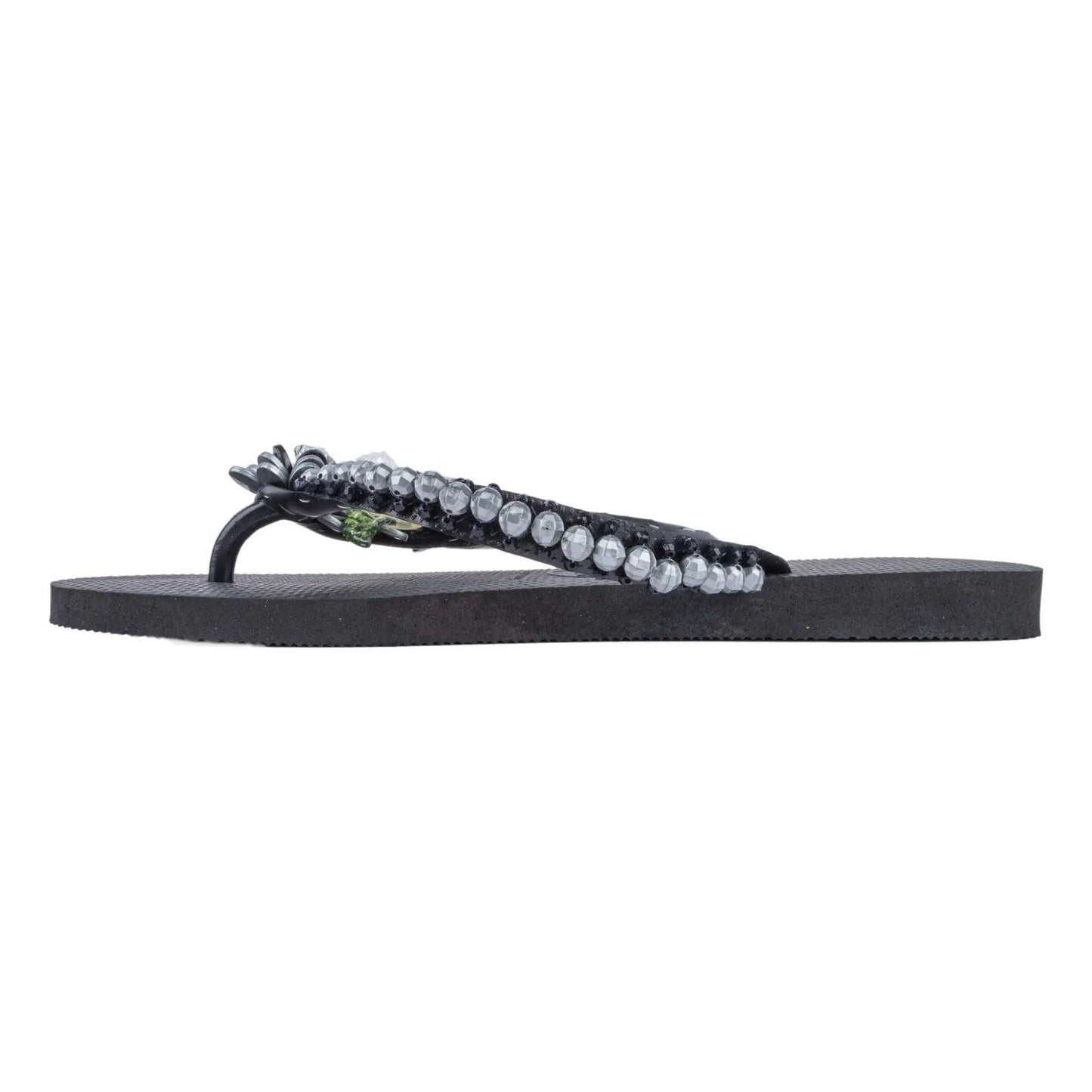 Black Infradito Havaianas flip flop with hand-embroidered anthracite pearls and gemstones size 41/42