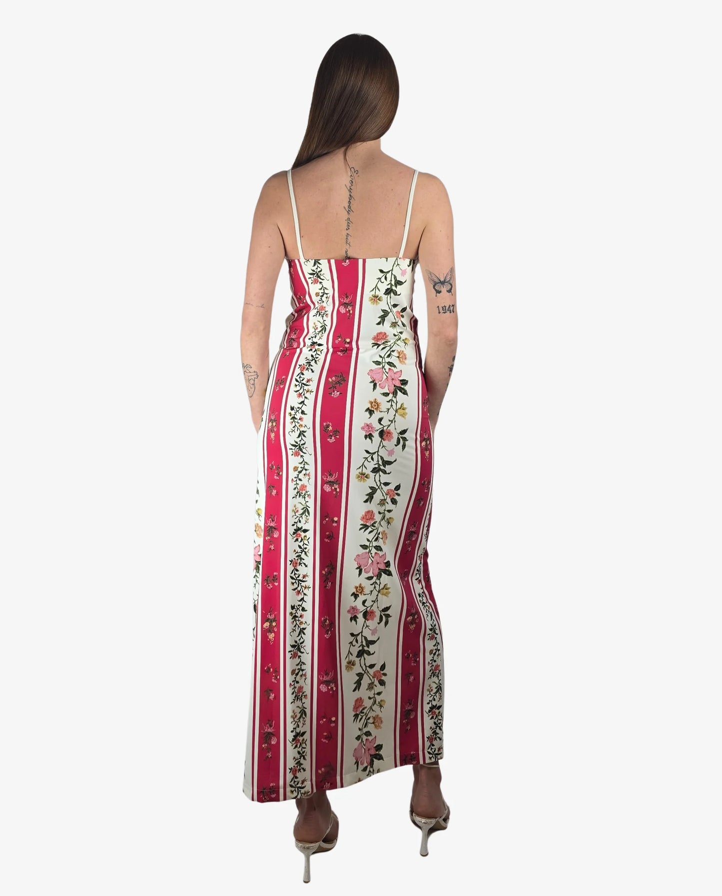 Abito Lungo Righe Floreali Rosso Bianco Cruise Collection