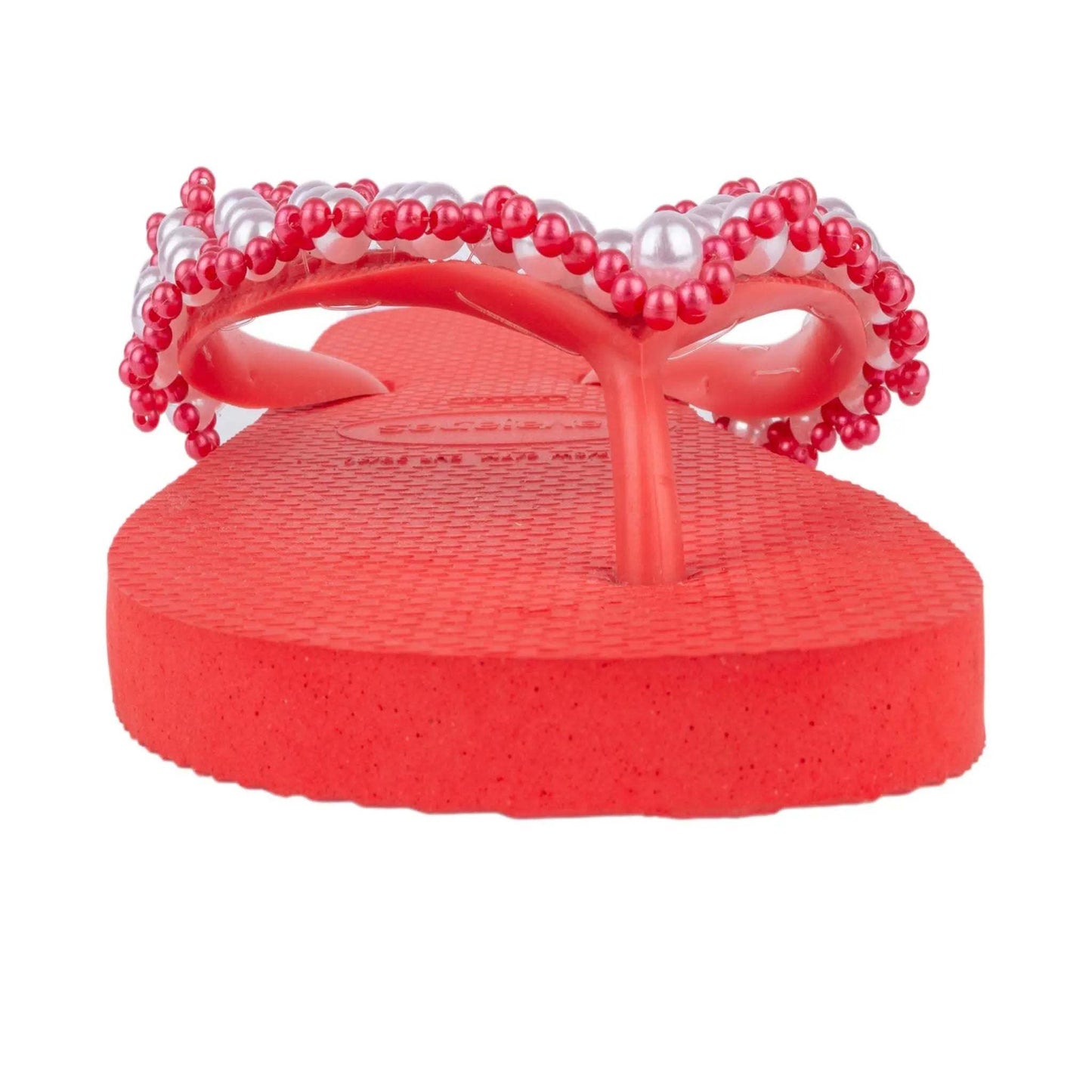 red Infradito Havaianas sandal with hand-embroidered white pearls front view