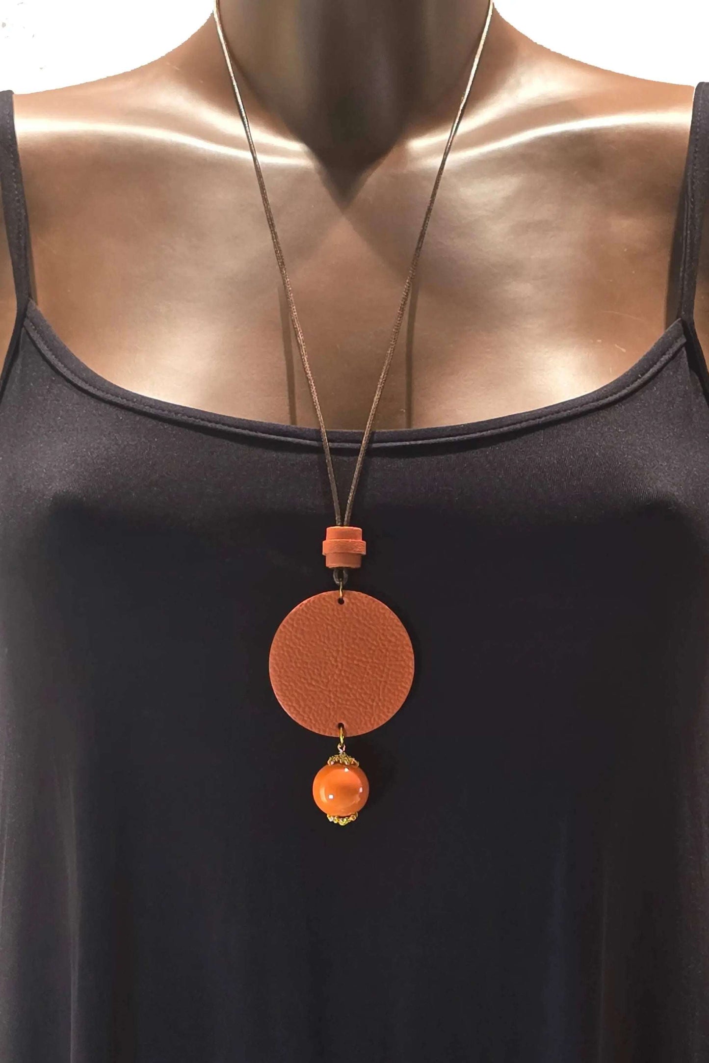 Handmade Collana Orange Jewel necklace with adjustable leather cord and orange ceramic pendant