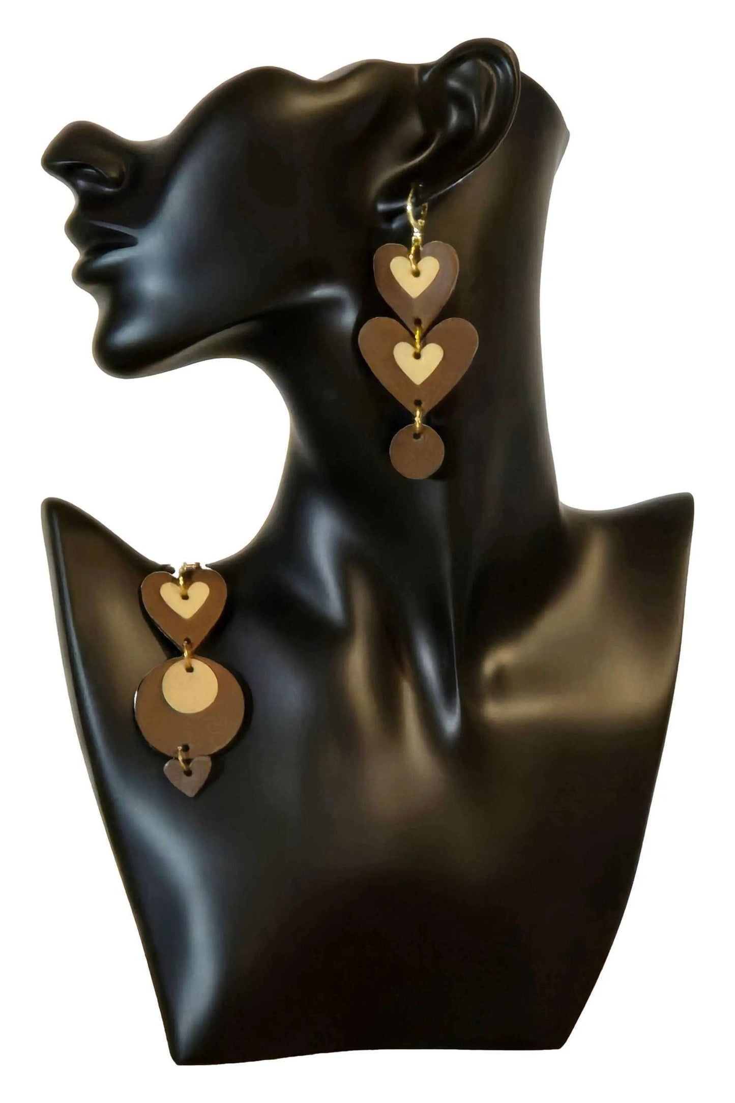 Lightweight handmade Orecchini Choccolate earrings with agate and genuine leather hearts on hypoallergenic steel hooks