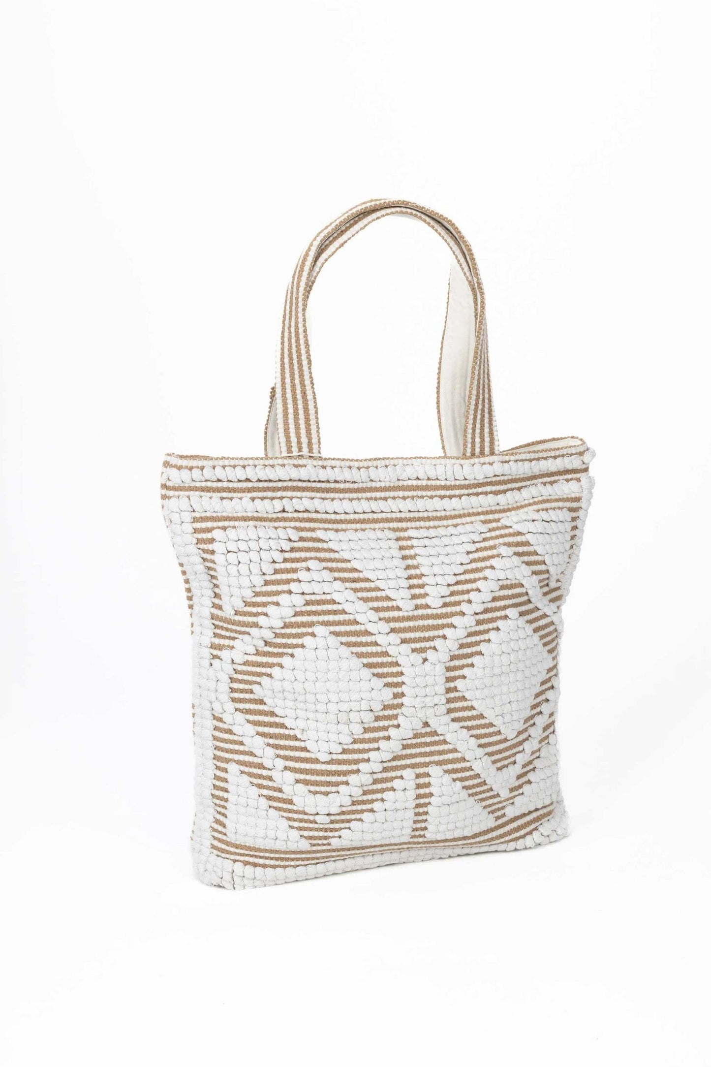 Borsa Maxi large cotton tote bag with ivory and sand geometric pattern, button closure, and inner pocket.
