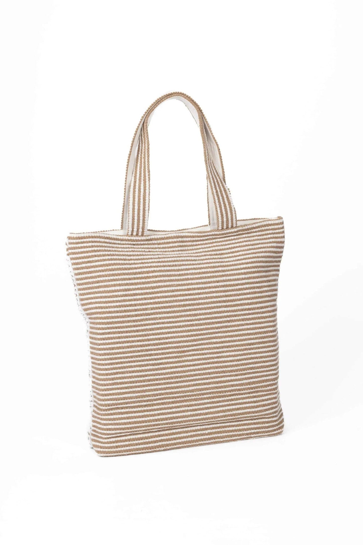 Borsa Maxi super capiente in cotone con motivo avorio e sabbia a righe, chiusura a bottone e tasca interna.