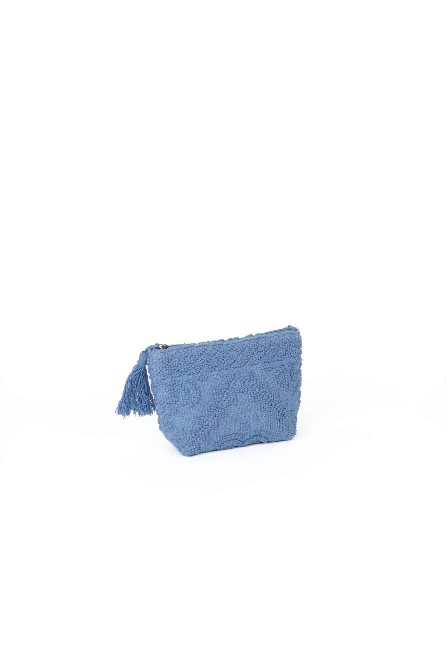 Comoda pochette in tessuto operato blu con chiusura a zip e nappa in cotone, 27x20 cm