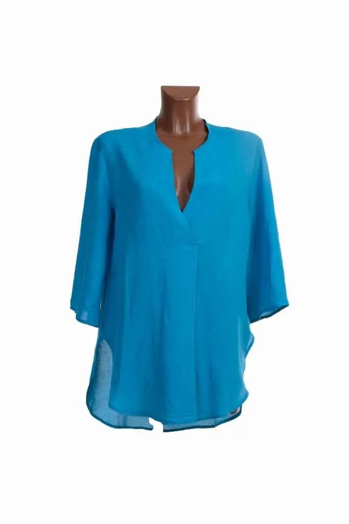 Blusa Lino woman blue 3/4 sleeve lightweight linen blend top