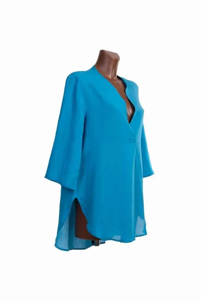 Blusa Lino donna manica 3/4 in misto lino viscosa azzurro