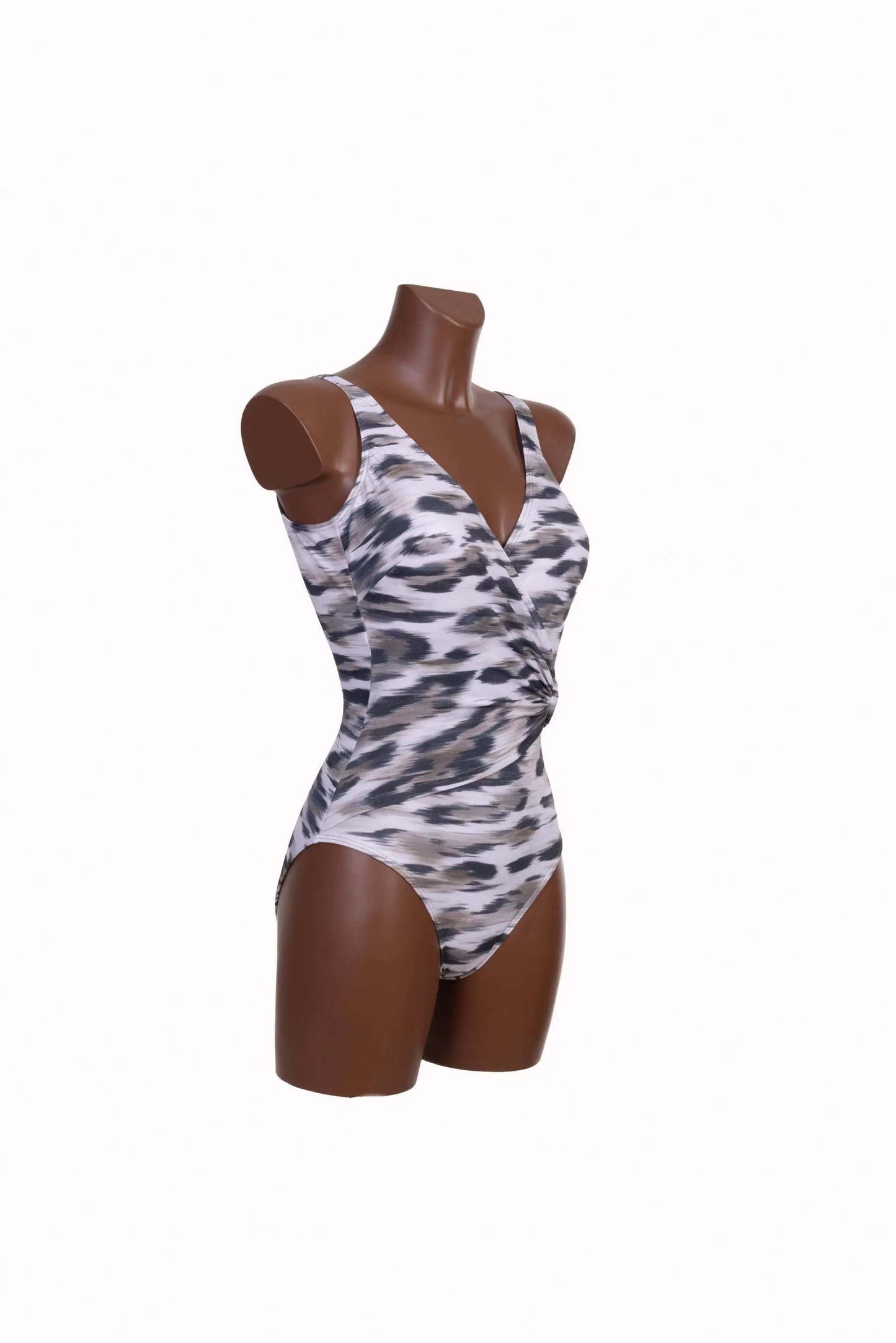 Costume intero incrociato con fantasia astratta grigio e bianco