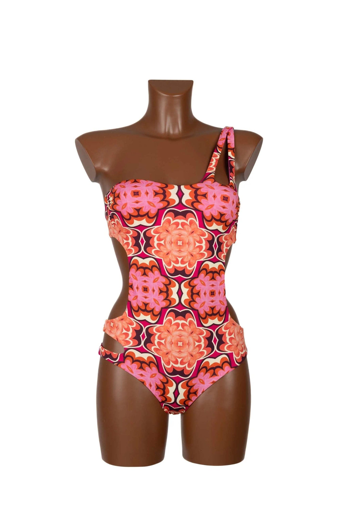 Intero Monospalla one-shoulder trikini with deep back neckline and colorful floral pattern