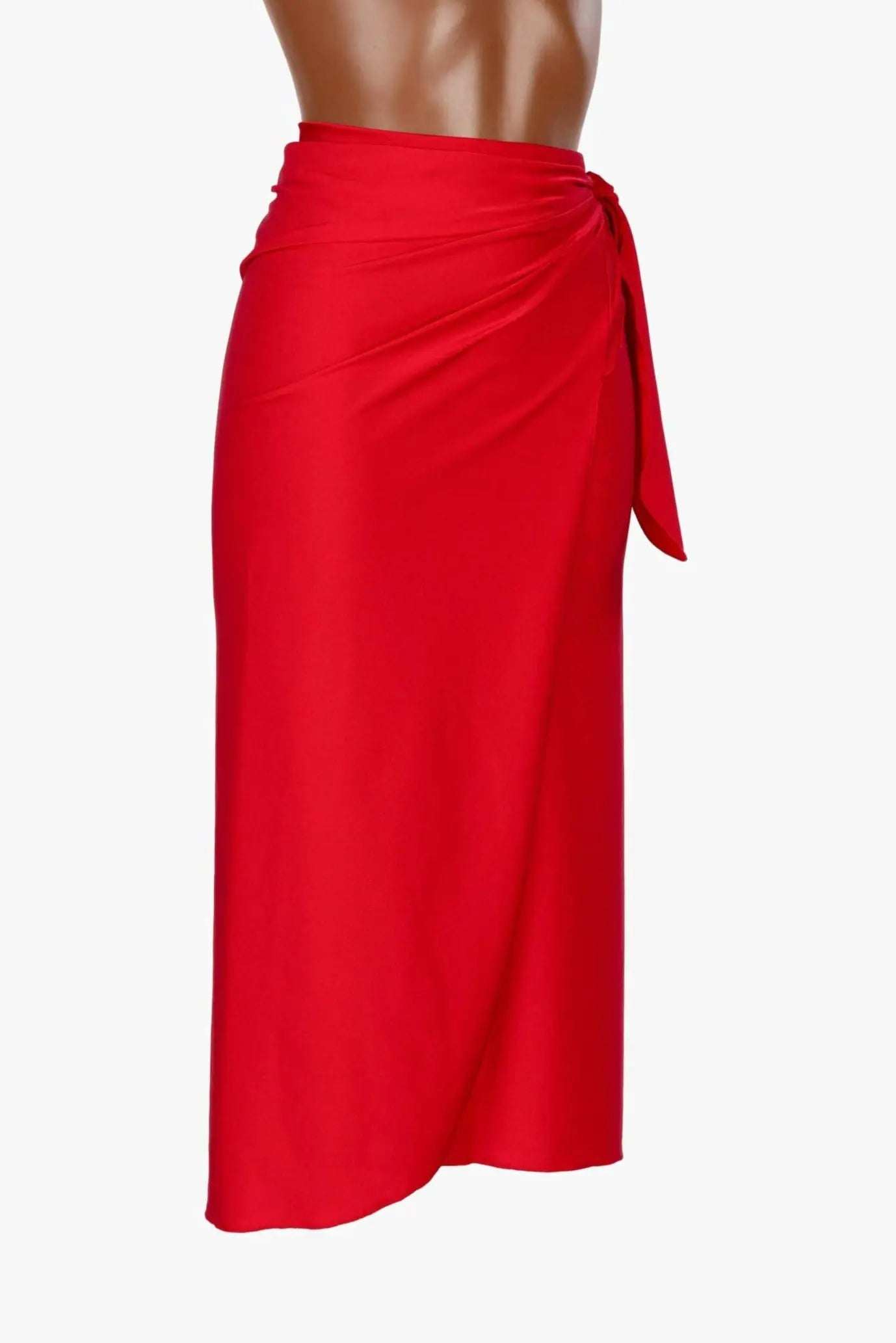 Red pareo midi skirt in shiny lycra lucida fabric with side knot detail