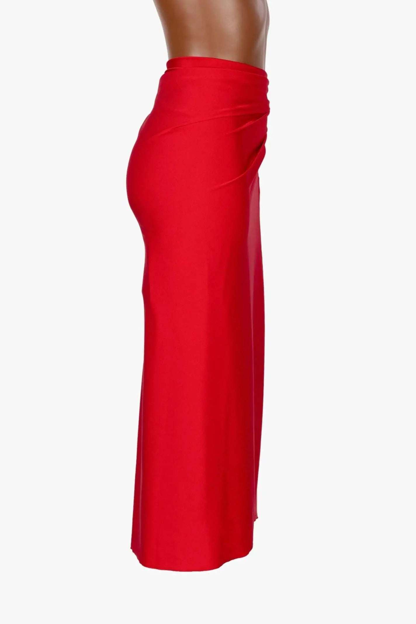 Red pareo midi skirt in shiny lycra fabric