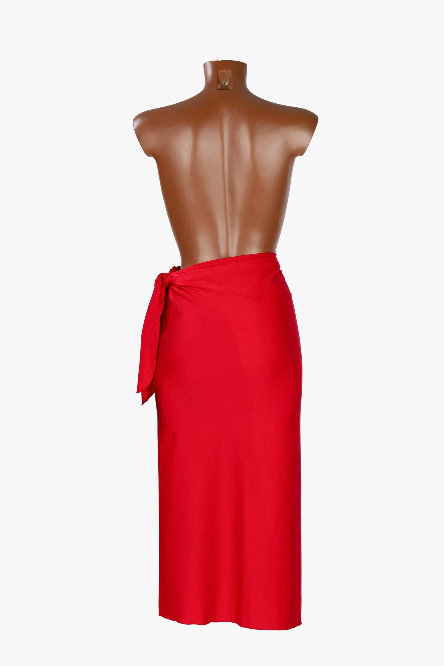 Red midi pareo skirt in shiny lycra lucida fabric tied at the waist