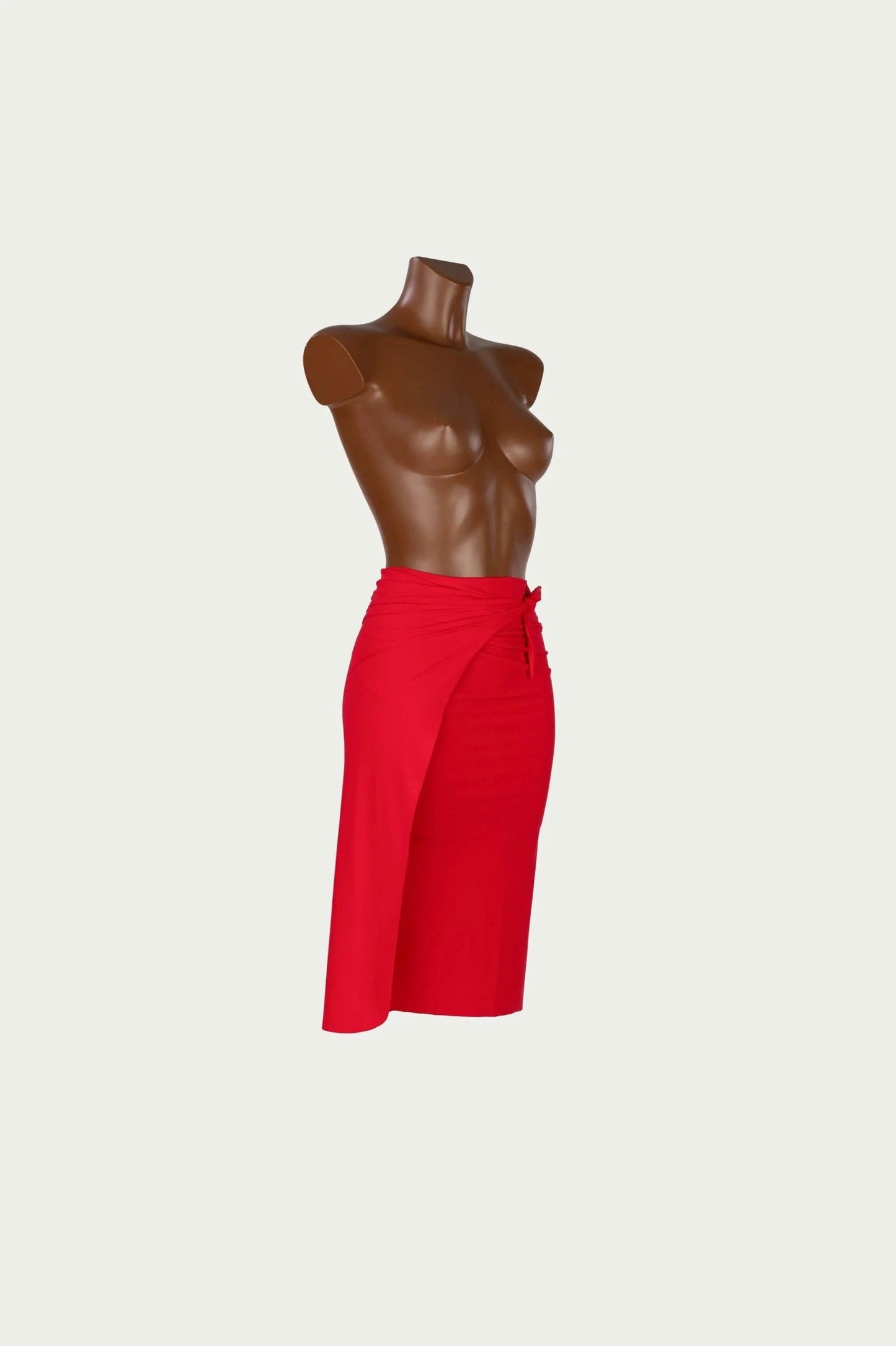 Gonna pareo in morbida lycra red wrap skirt on mannequin
