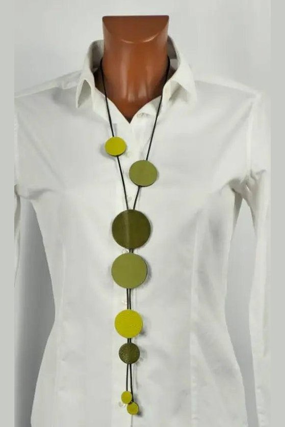 Handmade Buble Green necklace with lime and forest green leather bubbles on waxed cord, lightweight and elegant.
