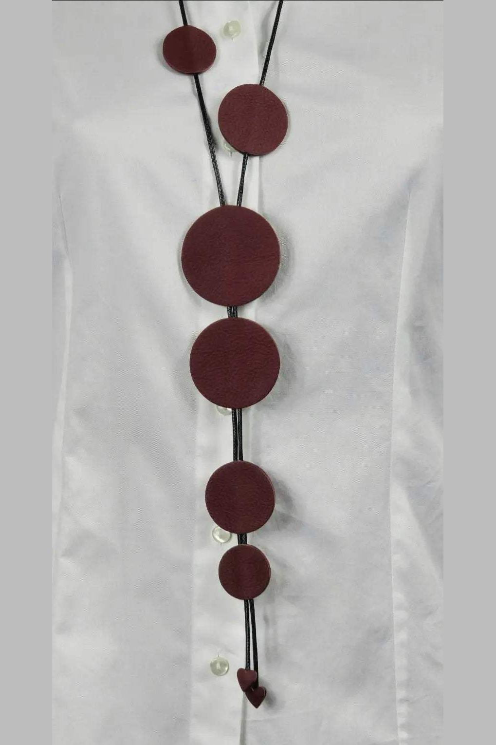 Buble Burgundy handmade burgundy leather necklace with waxed cord on white shirt