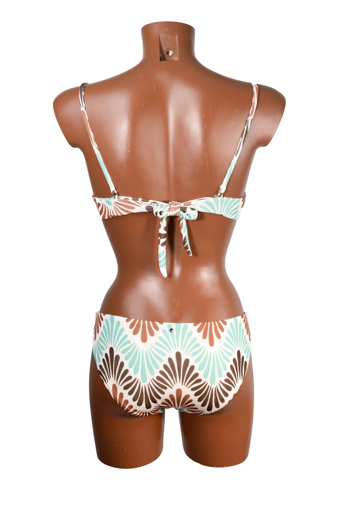 Back view of bikini push up in soft lycra with ethnic print and adjustable straps on mannequin
