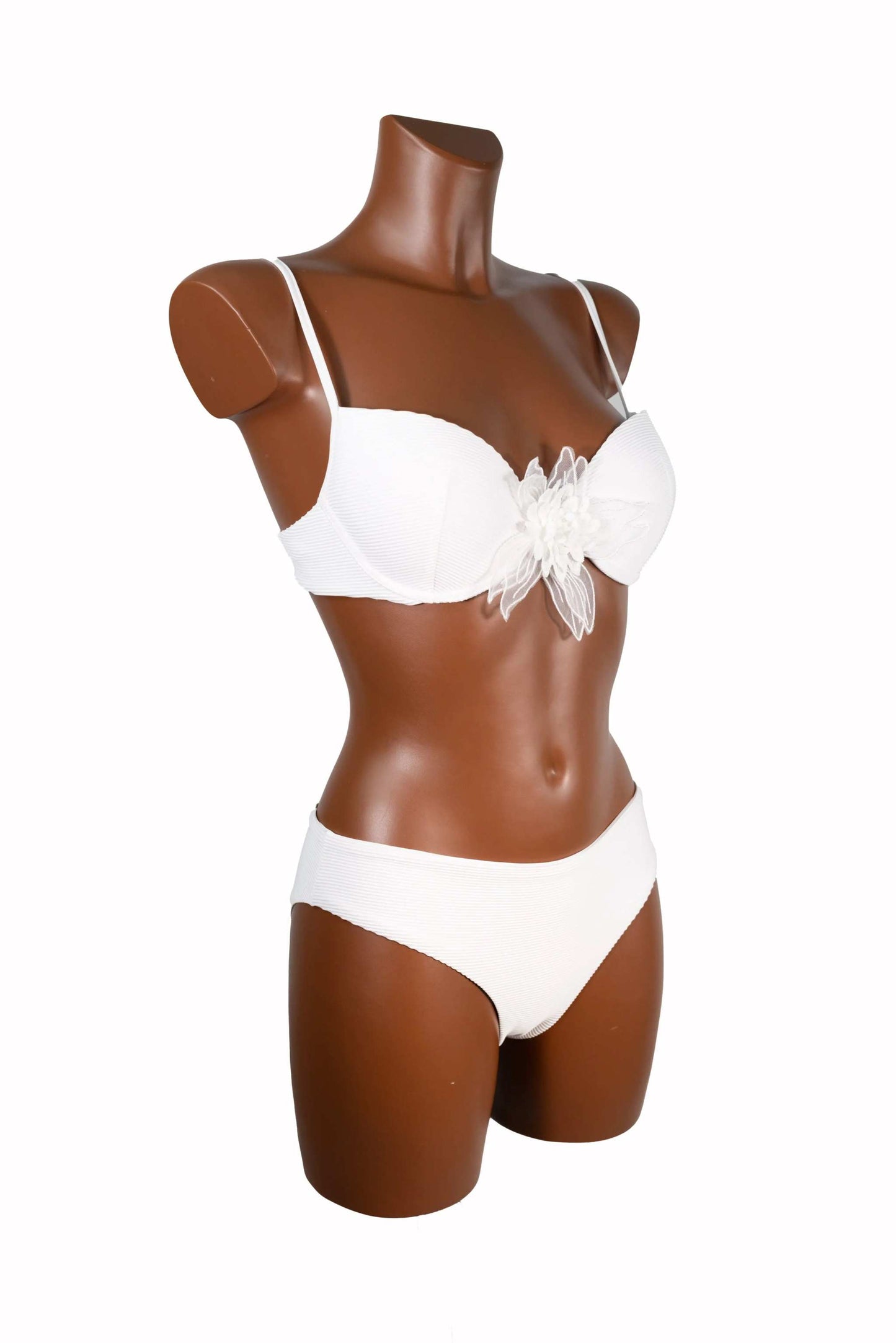 White push up bikini with floral organza detail and removable padding, Italian made