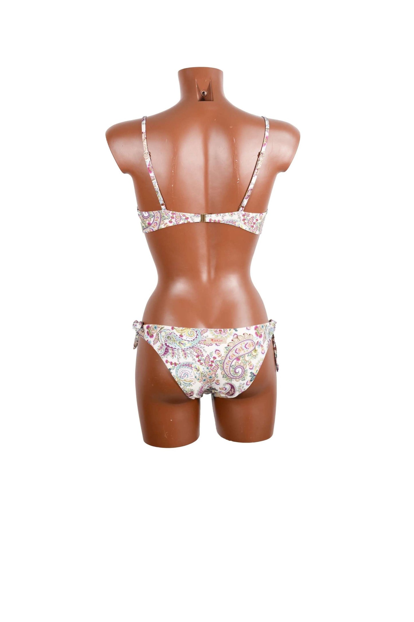 Back view of colorful Bikini Bralette with adjustable straps and side-tied bottom on mannequin