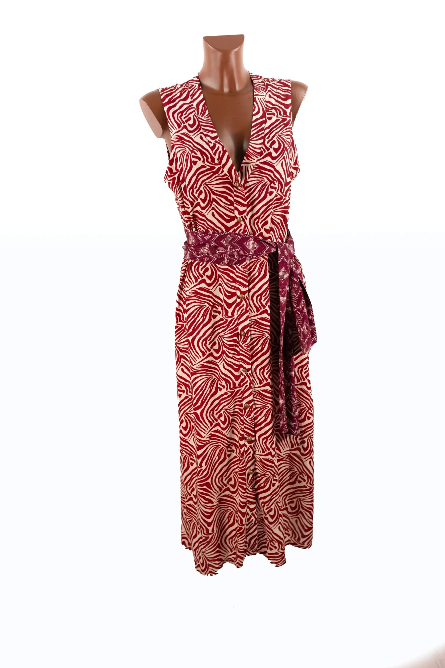 Abito Midi in viscosa con stampa animalier e cintura viola, abbottonato davanti con bottoni dorati