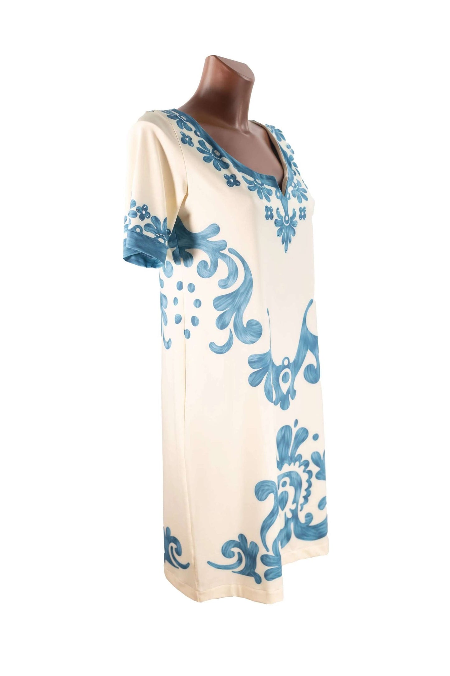 Abito corto in Lycra bianco con fantasia floreale blu e strass sullo scollo e bordo manica Made in Italy
