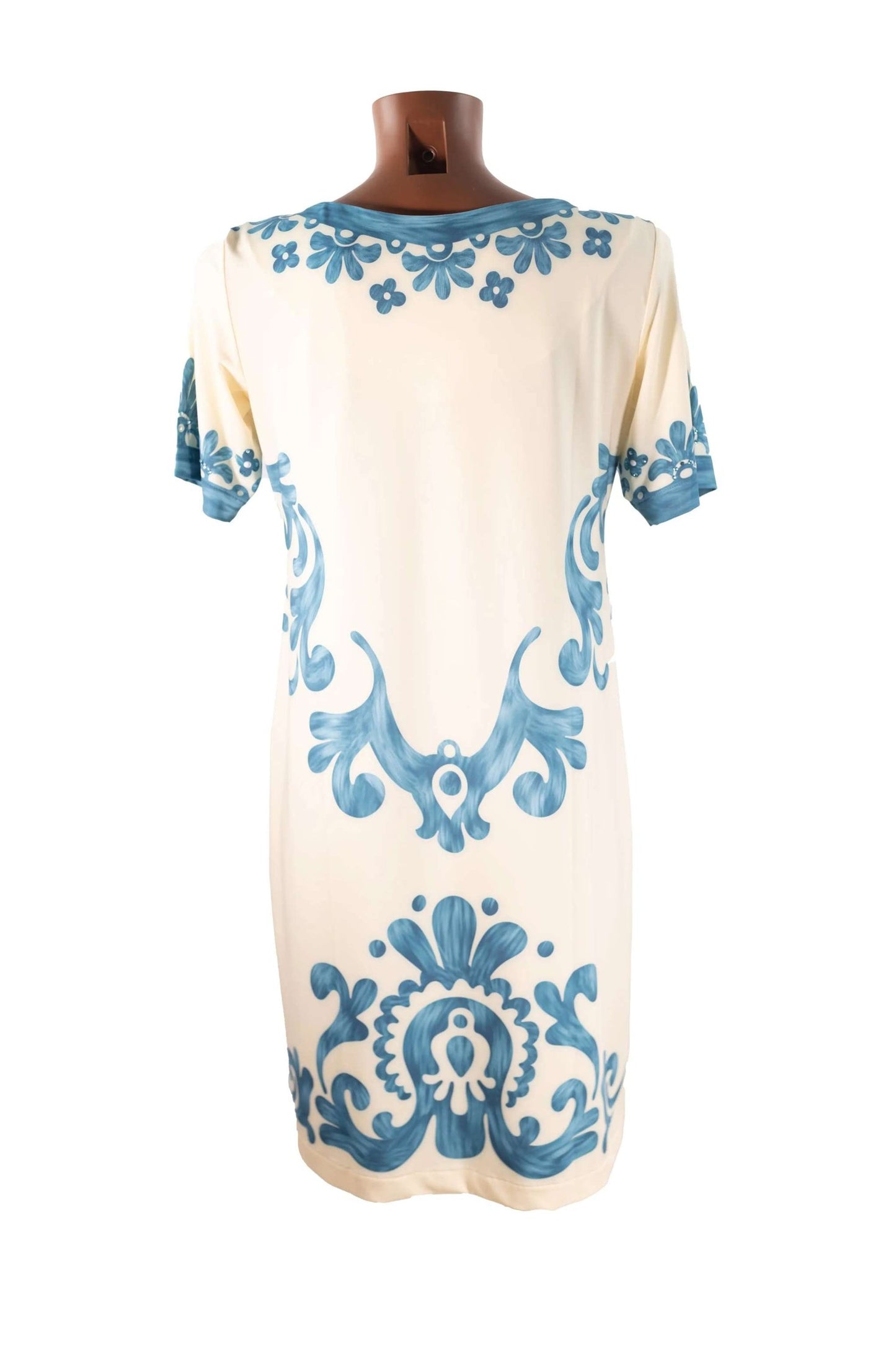 Abito corto in Lycra con strass e fantasia floreale blu Made in Italy