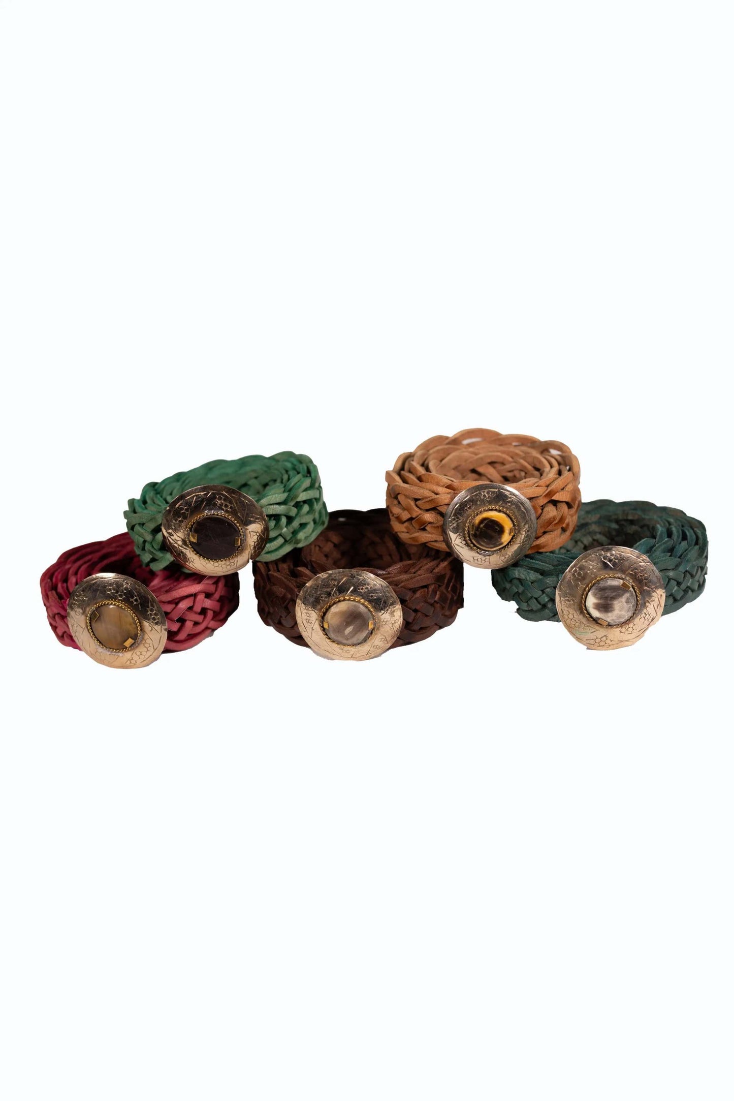 Set of woven faux leather cinture with vintage buckles in various colors