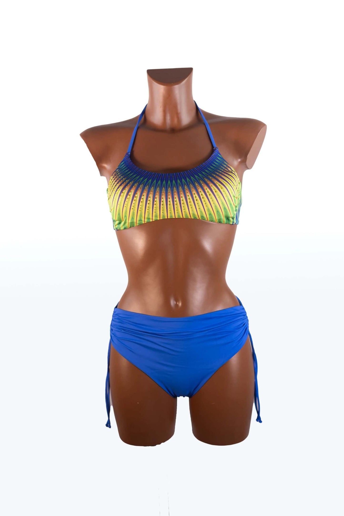Colorful bikini bralette with removable cups and high-waist adjustable blue bottoms