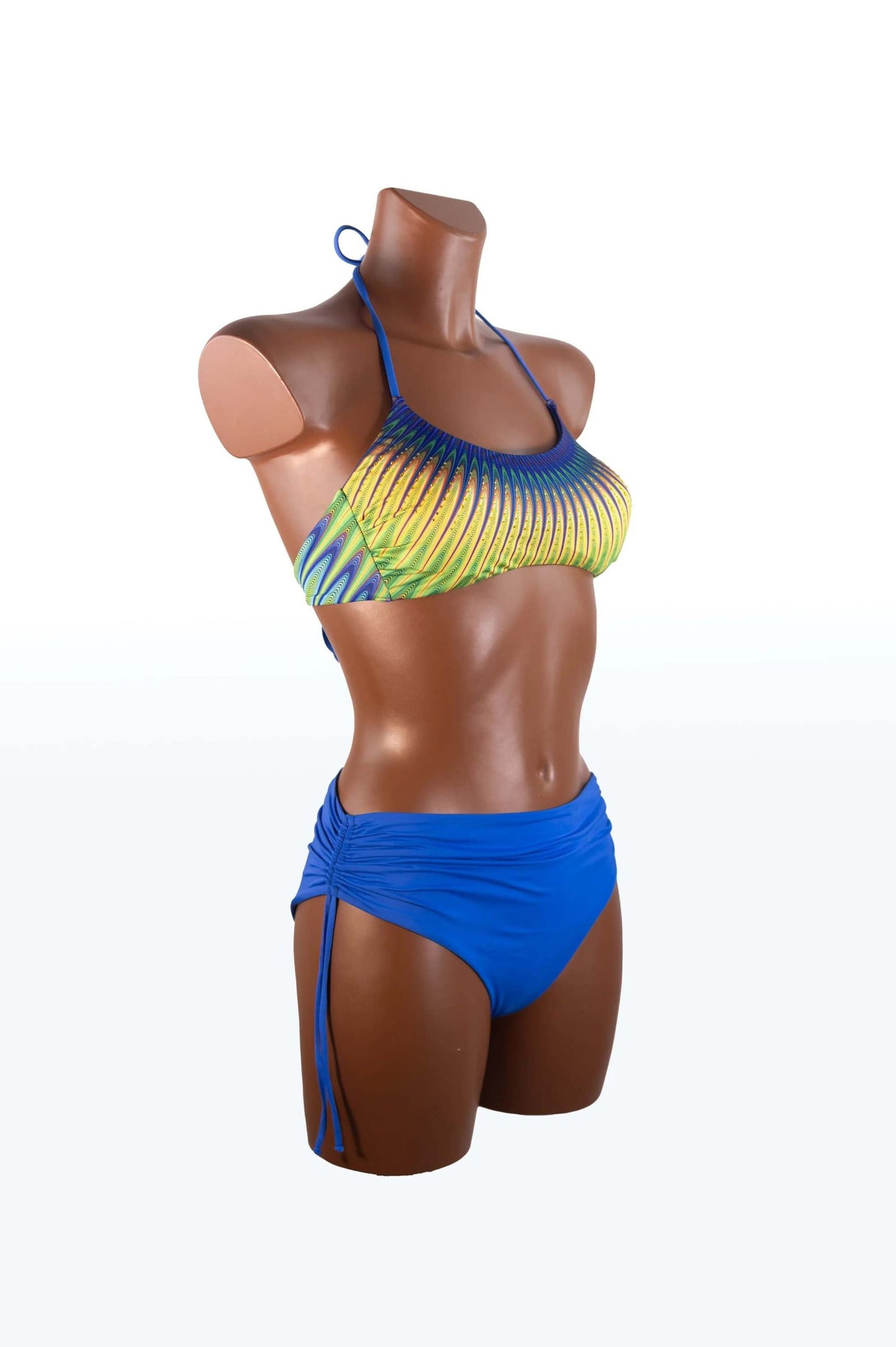 Colorful bikini bralette with removable crystal-studded cup and adjustable high-waist side-tie bottoms