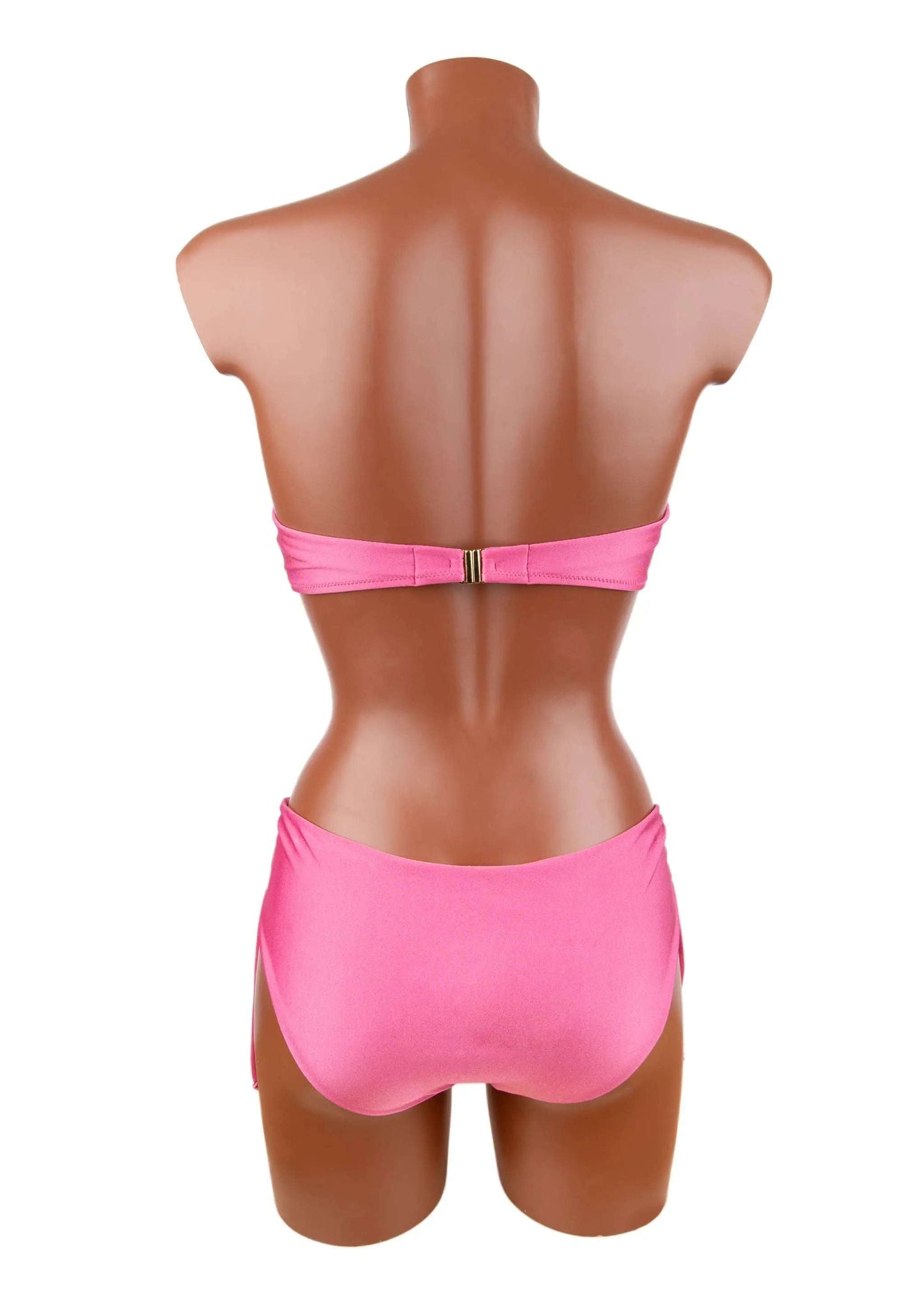 Back view of pink Bikini balconette Olivia Gold on mannequin showing adjustable side-tie bottom and removable strap bra with hook closure