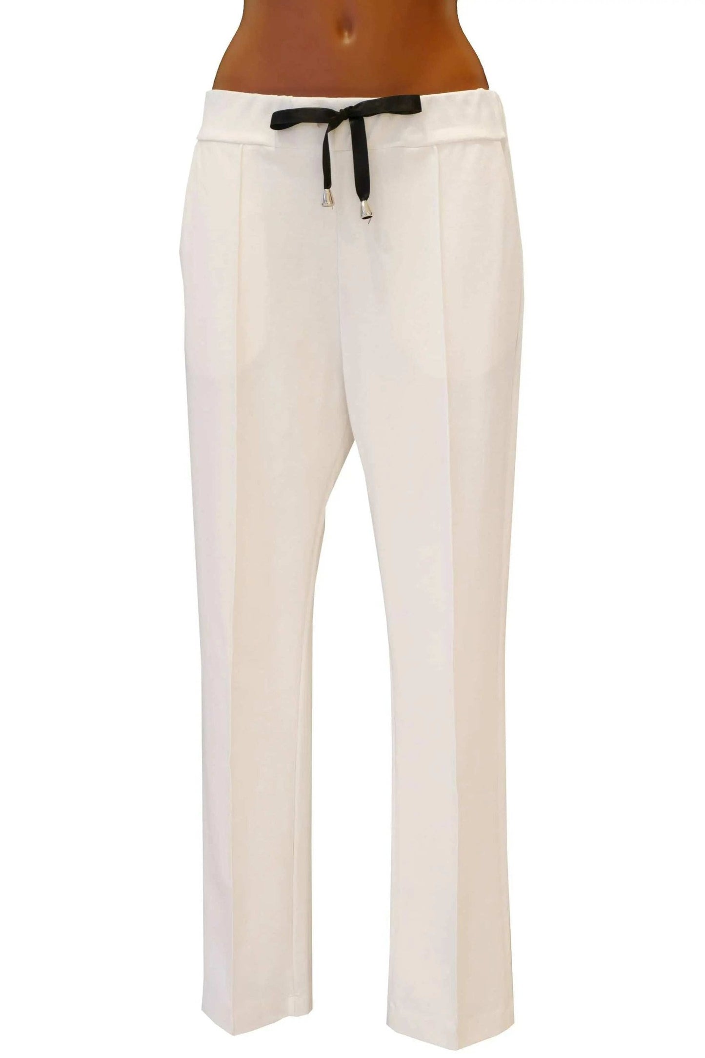 Ivory Tuta Confort straight-leg pants with black satin drawstring and front pocket