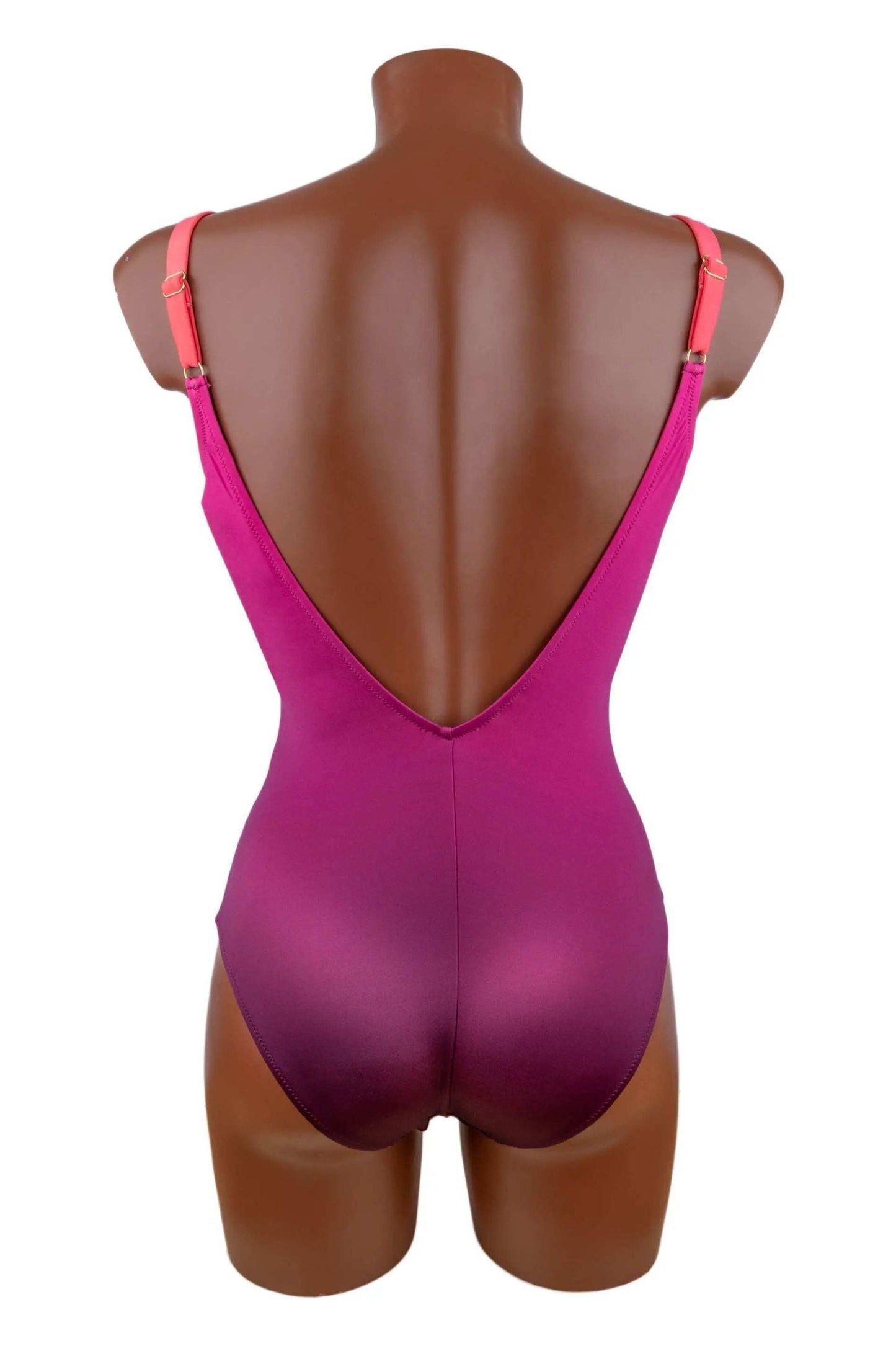 Back view of Intero Roidal coral gradient one-piece swimsuit with adjustable straps and low scoop back