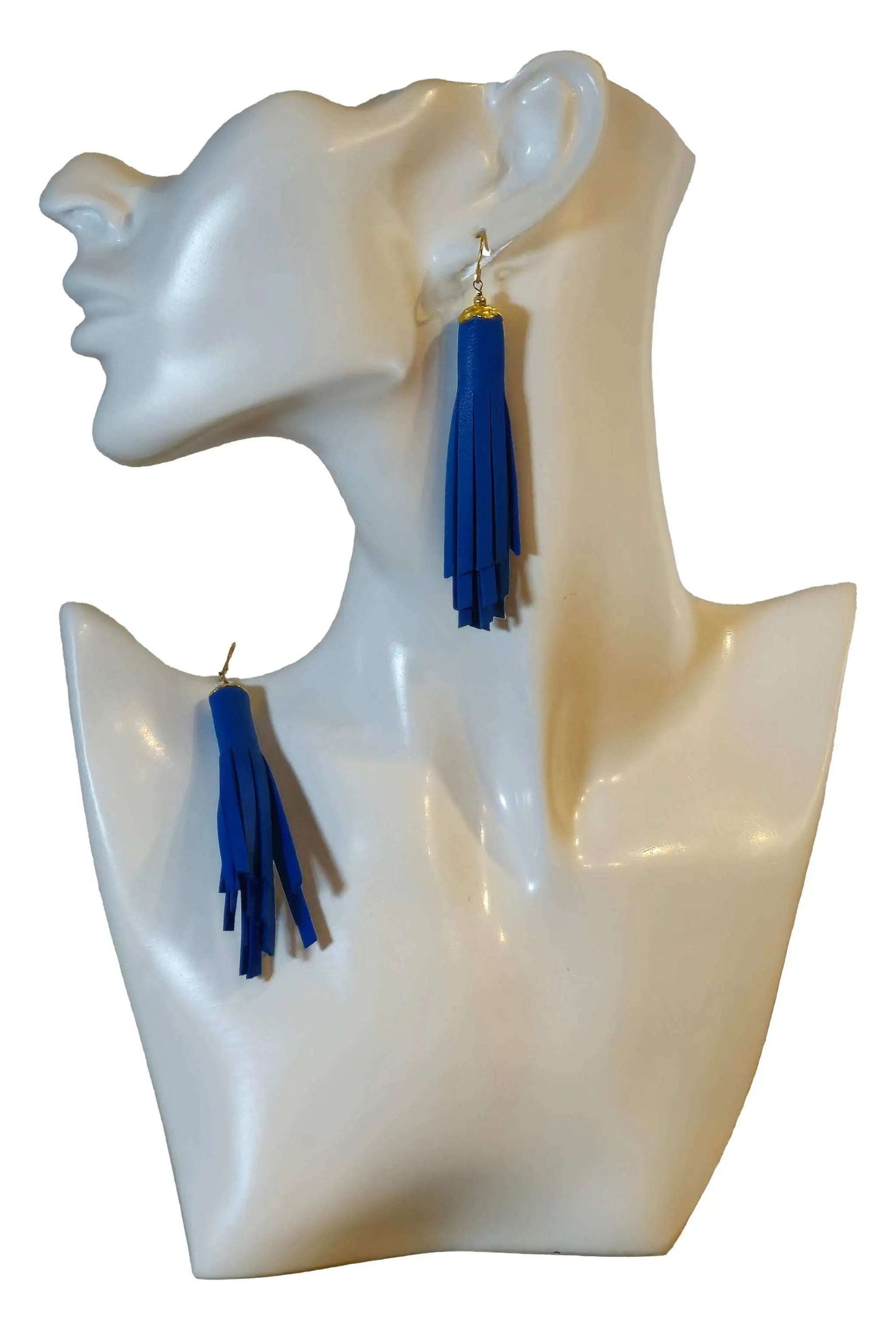 Blue handmade tassel earrings with hypoallergenic steel hooks and genuine leather, 5cm length