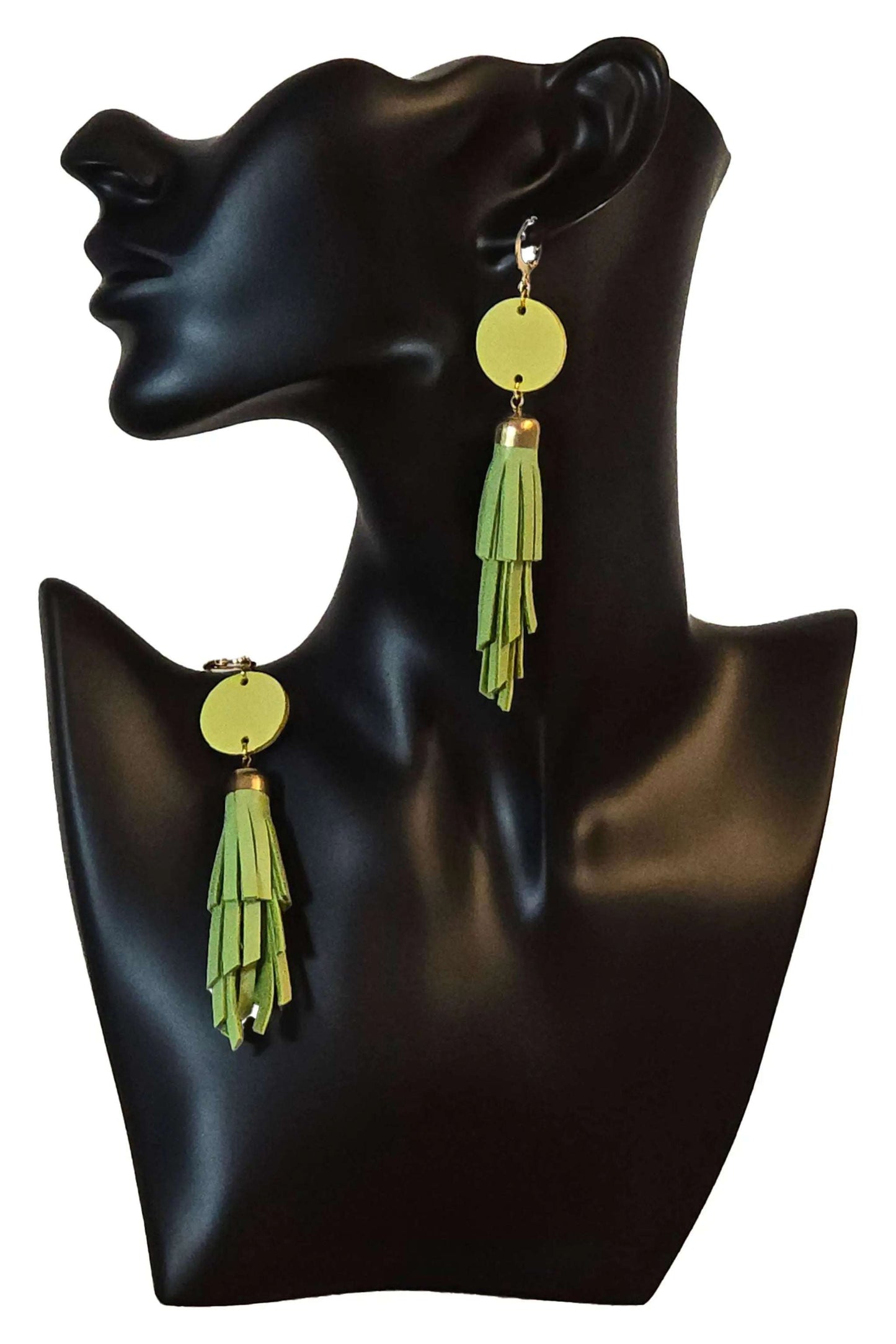 Handmade lime green leather tassel earrings with hypoallergenic steel hooks, 5cm long, lightweight and elegant design